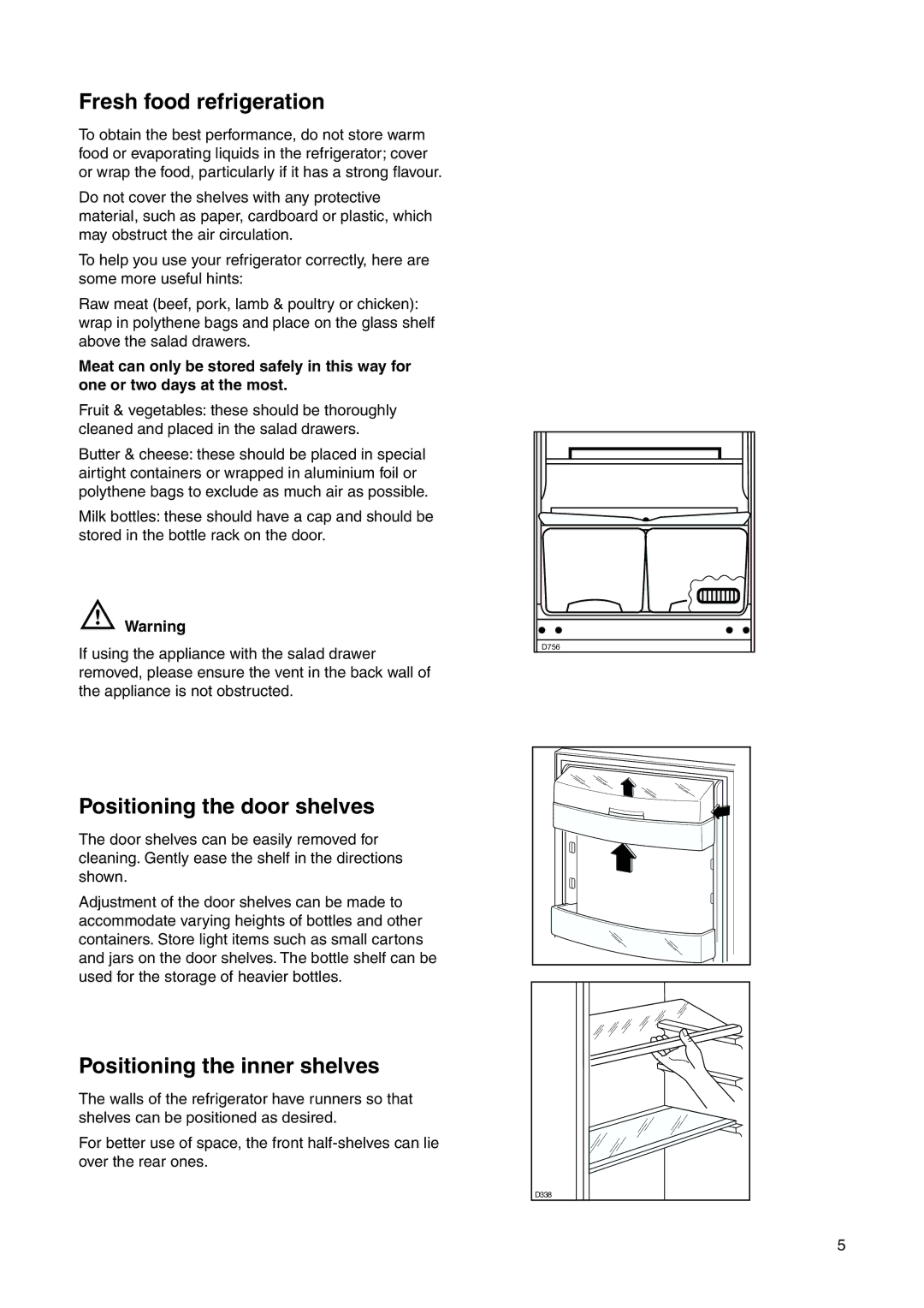 Zanussi ZRB 2625 S manual Fresh food refrigeration, Positioning the door shelves, Positioning the inner shelves 