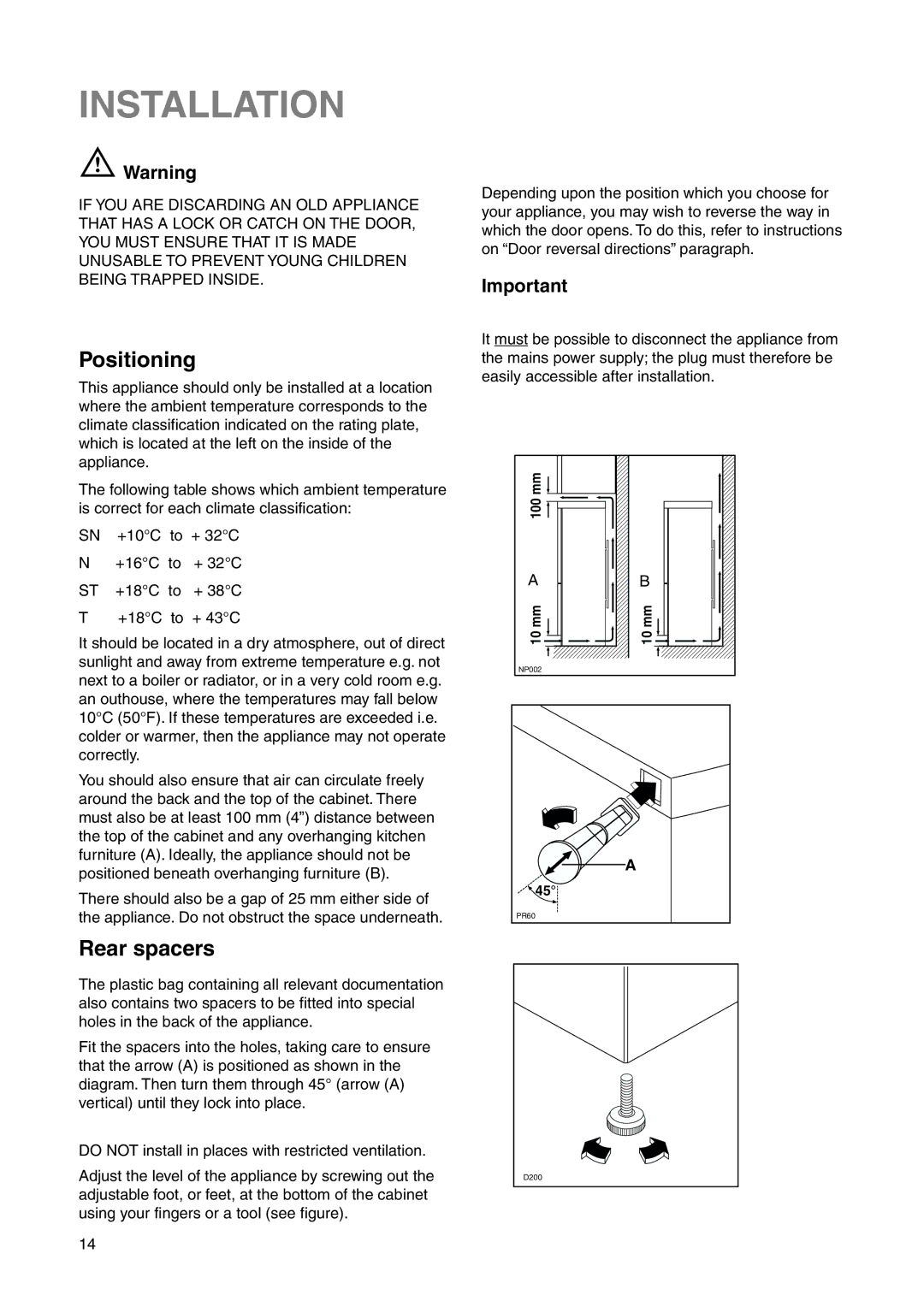 Zanussi ZRB 2630 W manual Installation, Positioning, Rear spacers 