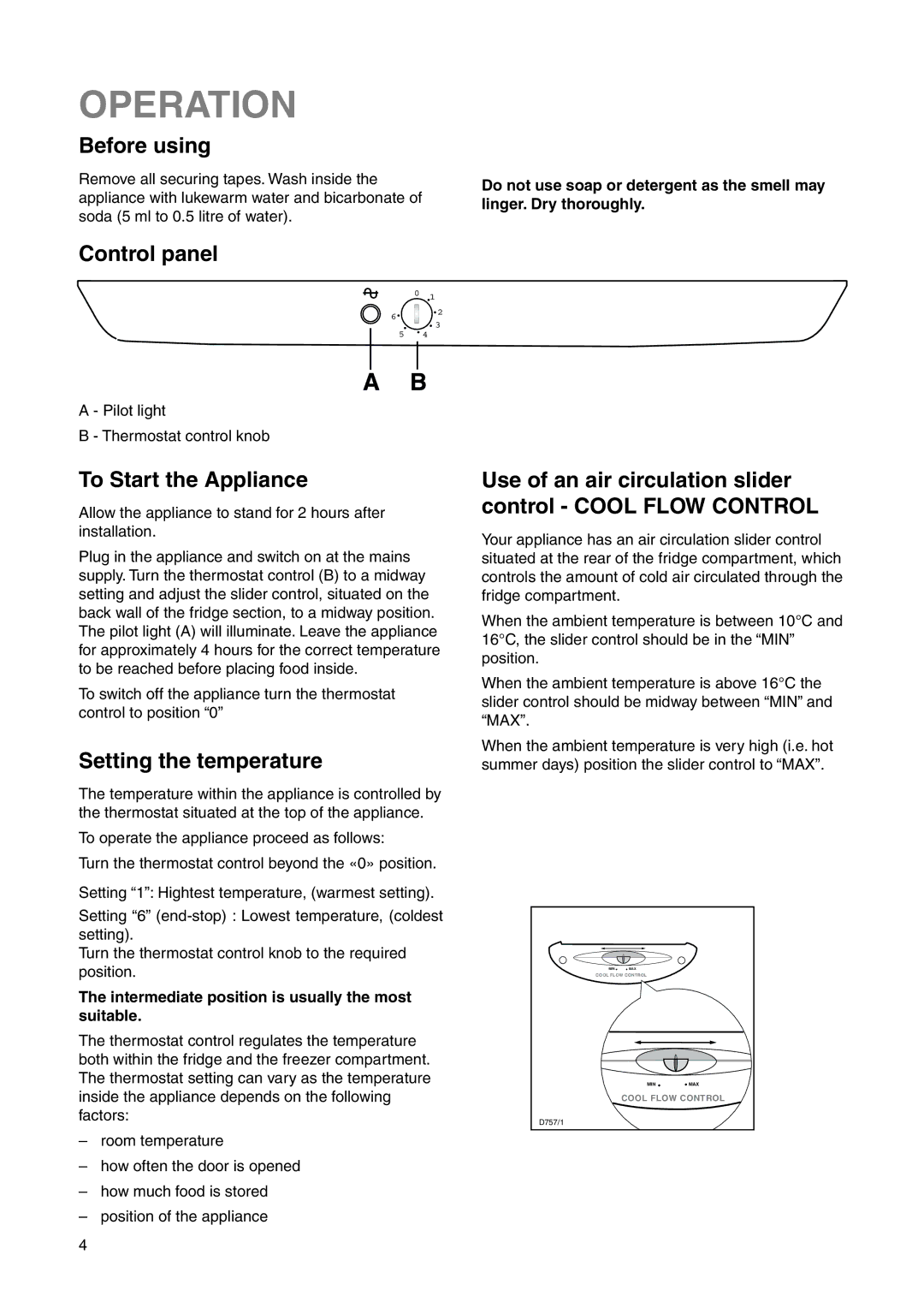 Zanussi ZRB 2630 W manual Operation, Before using, Control panel, To Start the Appliance, Setting the temperature 