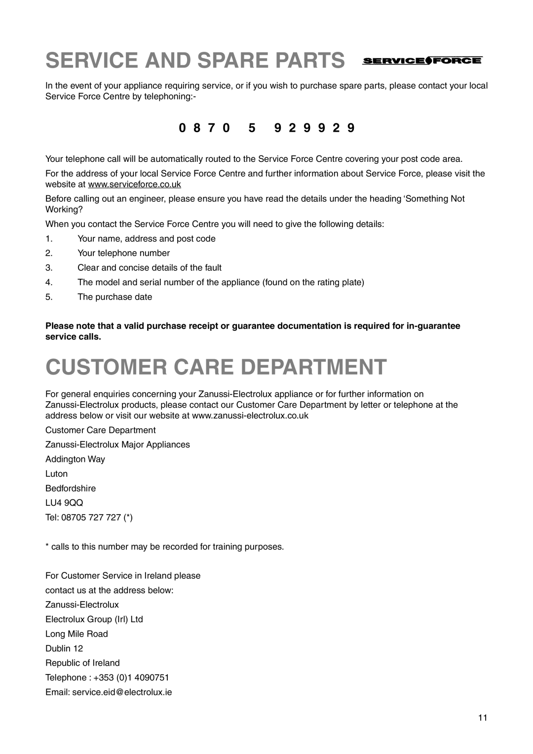 Zanussi ZRB 2630 W manual Service And Spare Parts, Customer Care Department, 9 2 9 9 