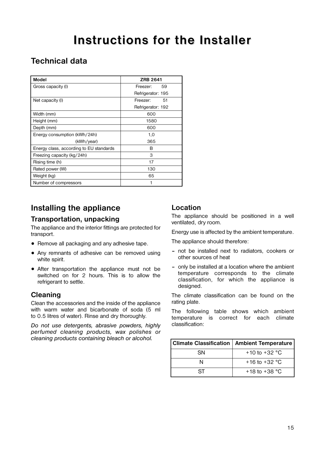 Zanussi ZRB 2641 manual Instructions for the Installer, Technical data, Installing the appliance 