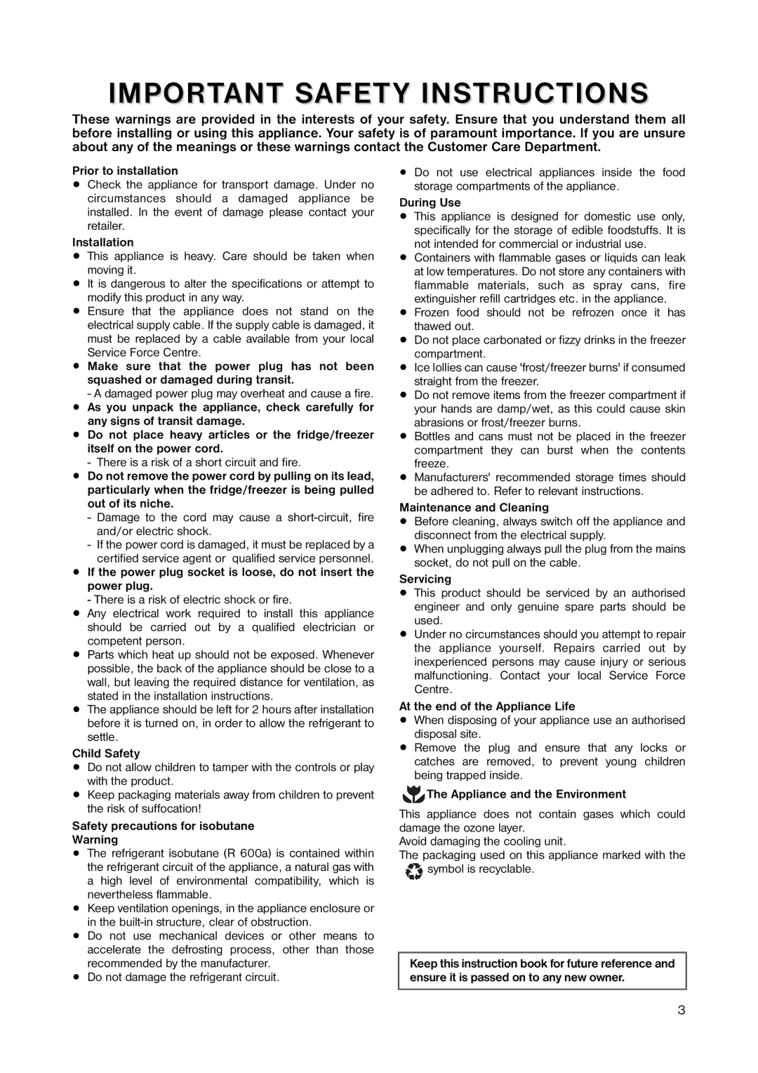 Zanussi ZRB 2641 manual Important Safety Instructions 