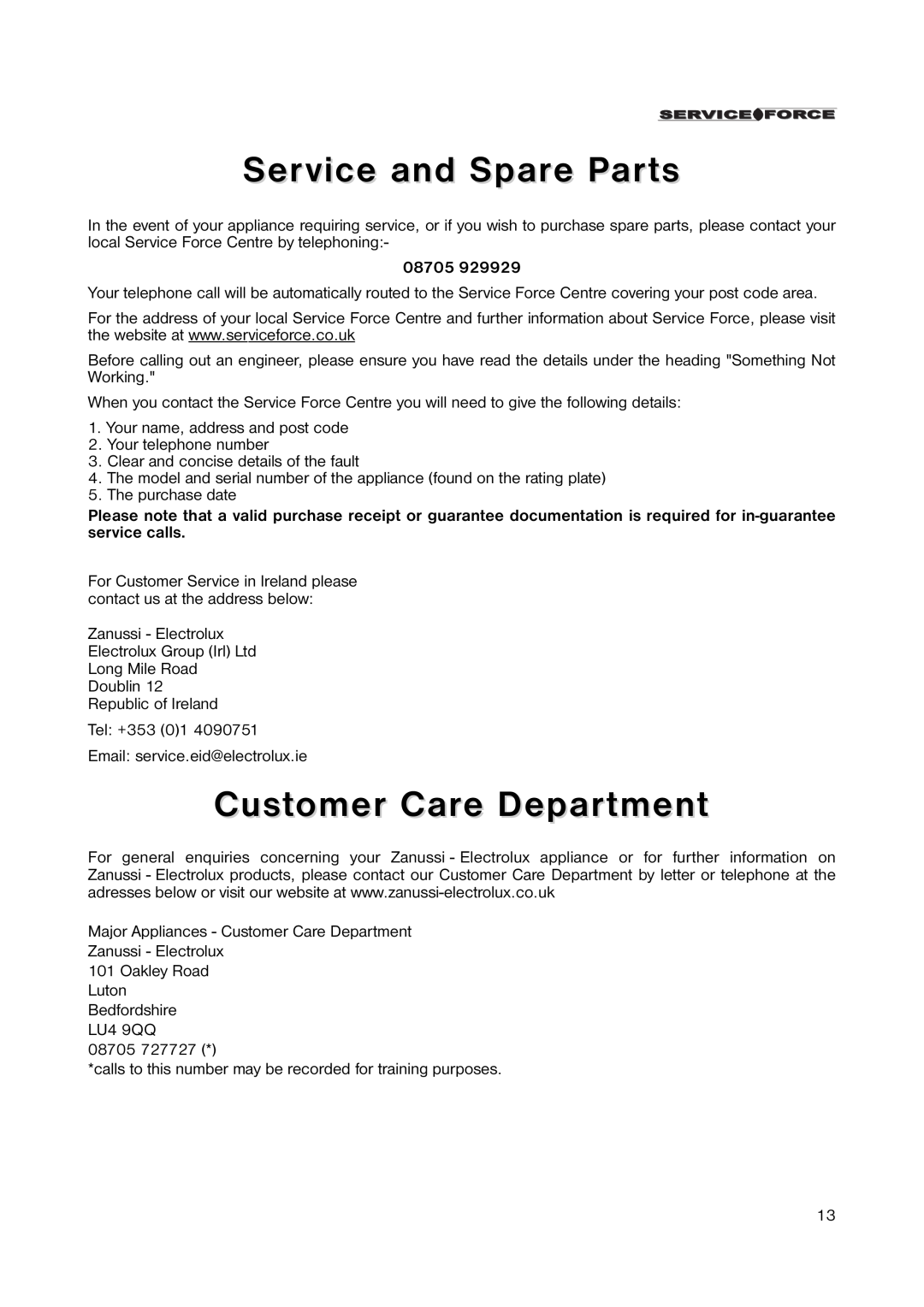 Zanussi ZRB 2641 manual Service and Spare Parts, Customer Care Department, 08705 