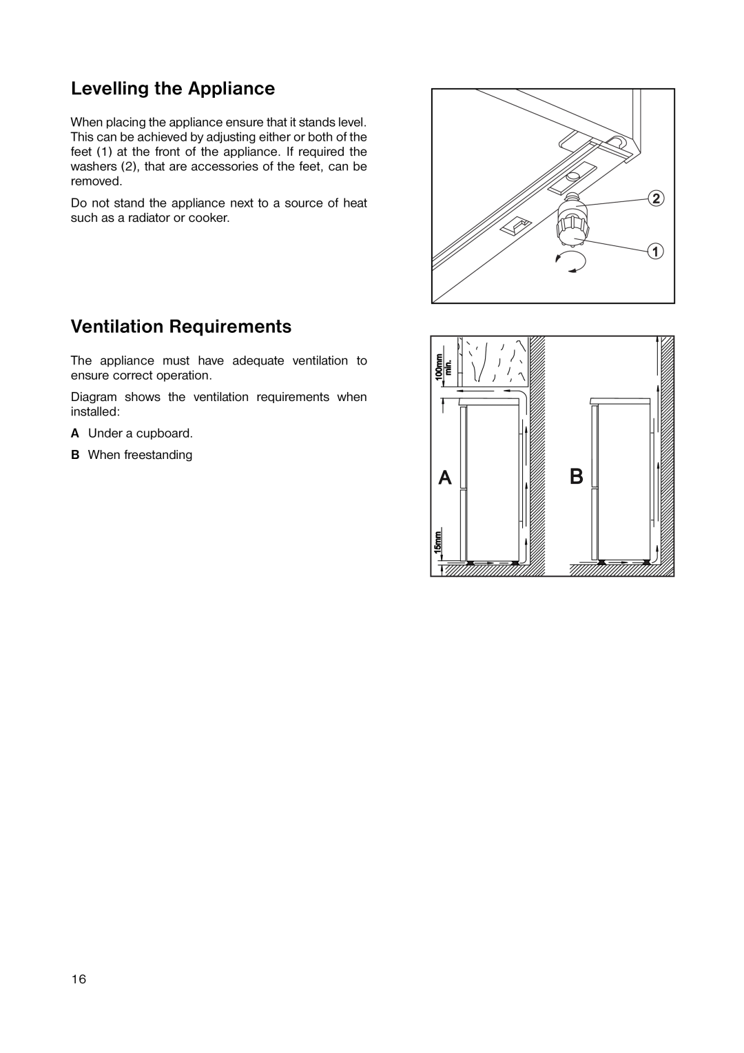 Zanussi ZRB 2641 manual Levelling the Appliance, Ventilation Requirements 