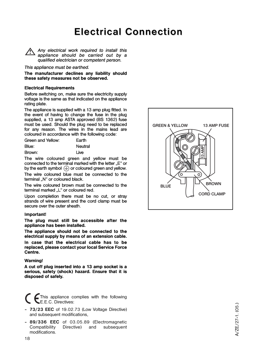 Zanussi ZRB 2641 manual Electrical Connection, This appliance must be earthed 