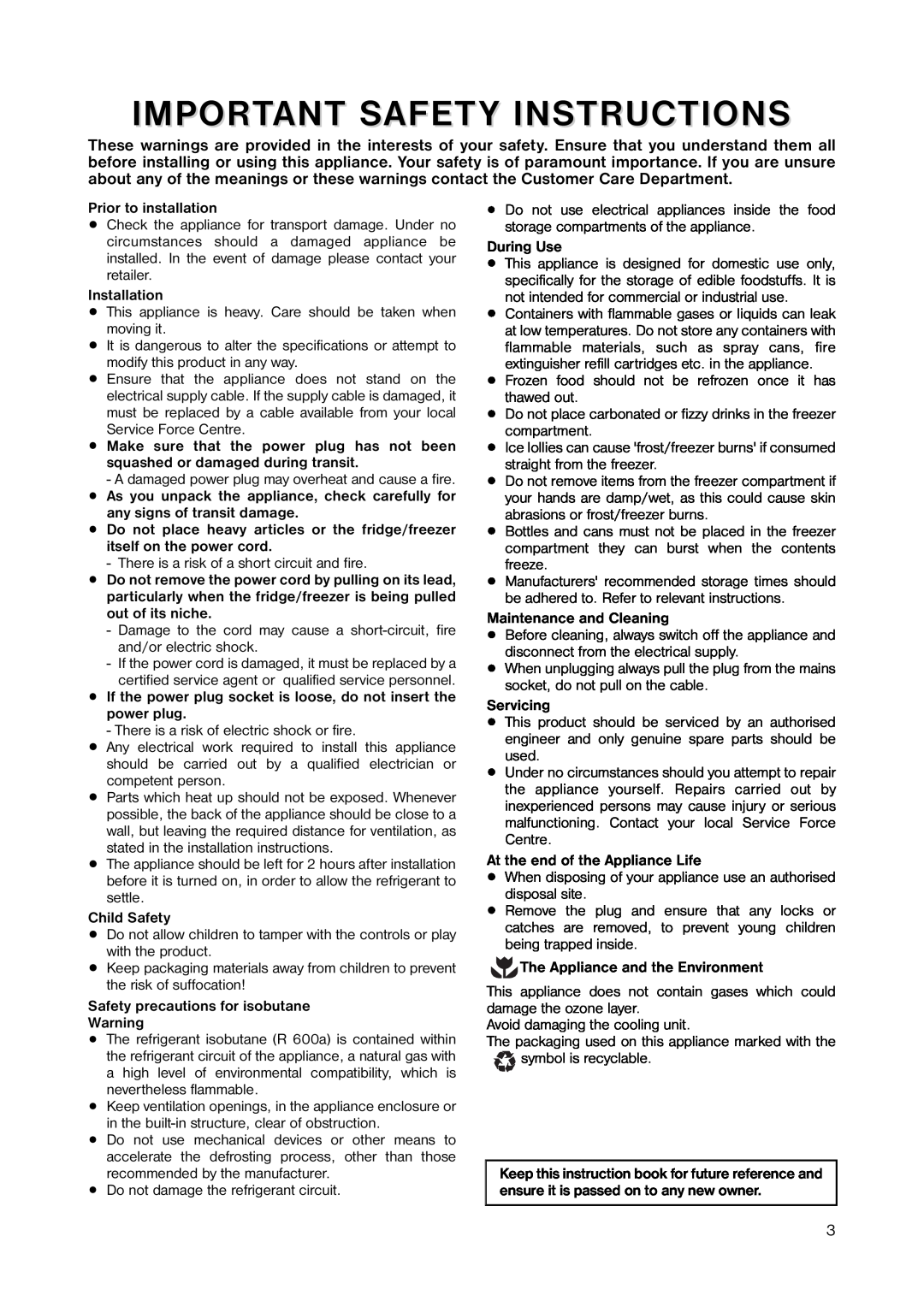 Zanussi ZRB 2641 manual Important Safety Instructions 