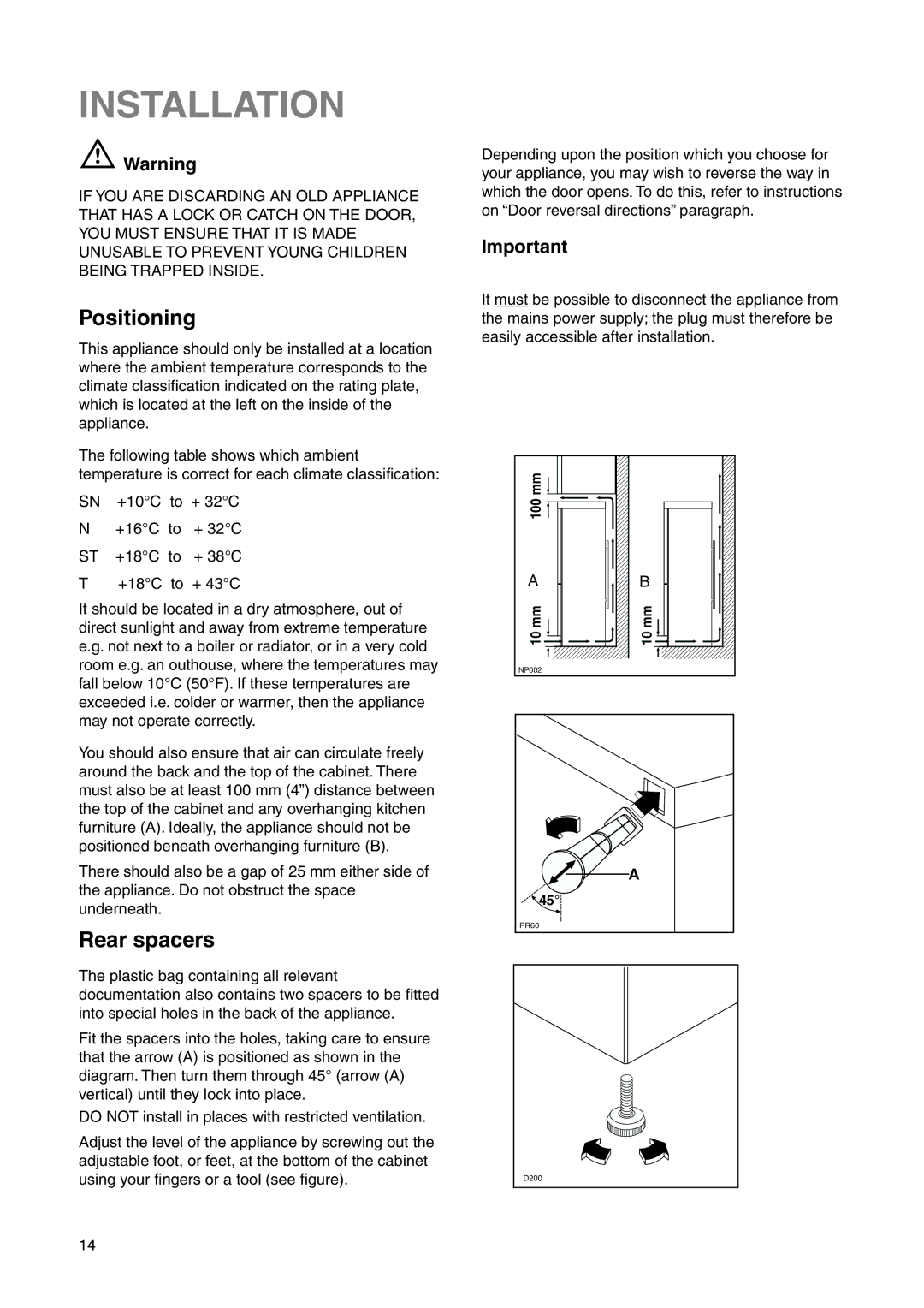 Zanussi ZRB 2725 W, ZRN 7626 manual Installation, Positioning, Rear spacers 