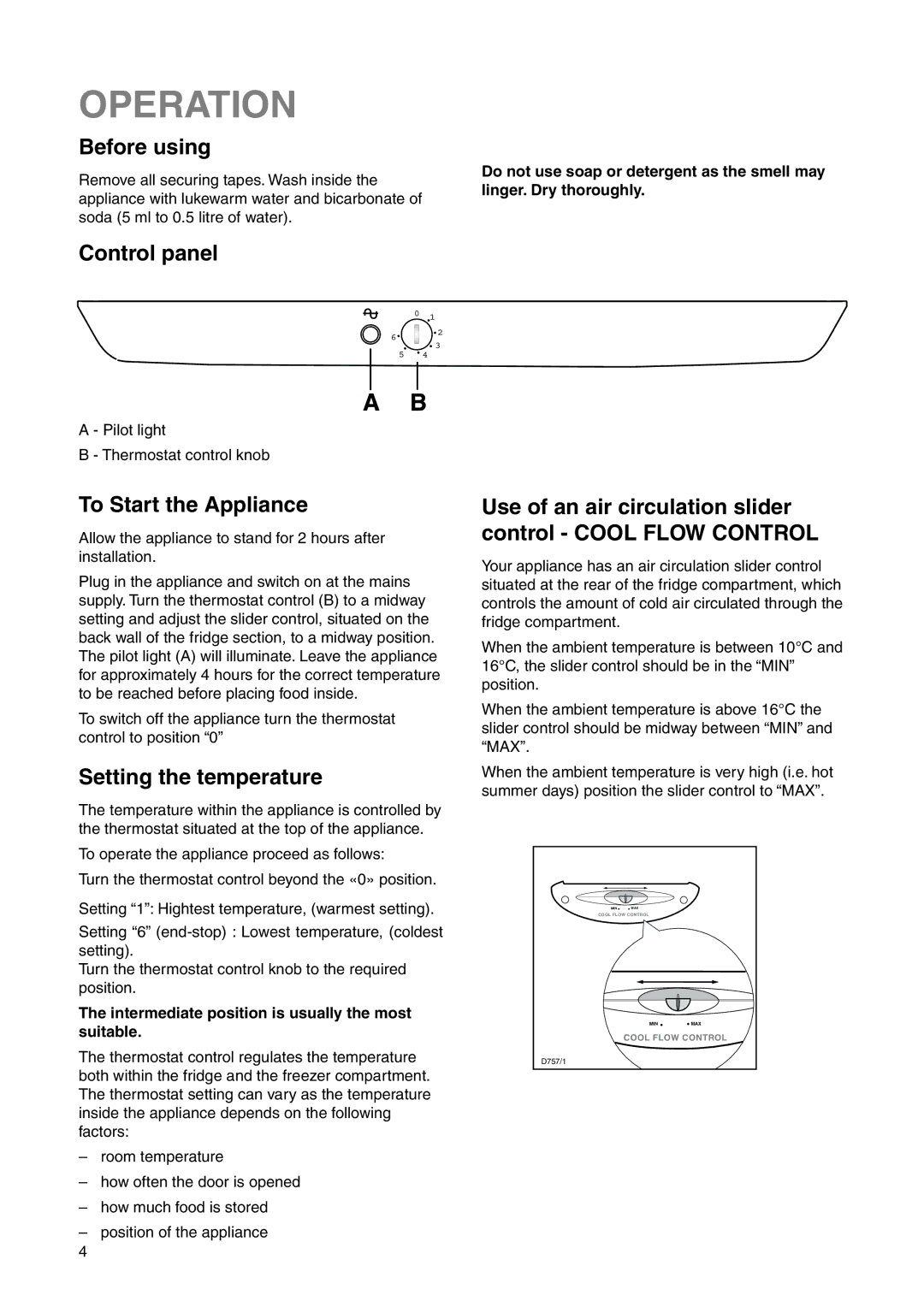 Zanussi ZRB 2725 W, ZRN 7626 manual Operation, Before using, Control panel, To Start the Appliance, Setting the temperature 