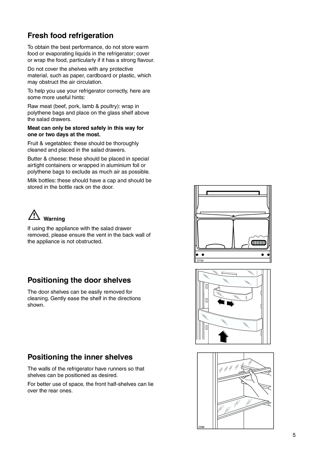 Zanussi ZRN 7626, ZRB 2725 W manual Fresh food refrigeration, Positioning the door shelves, Positioning the inner shelves 