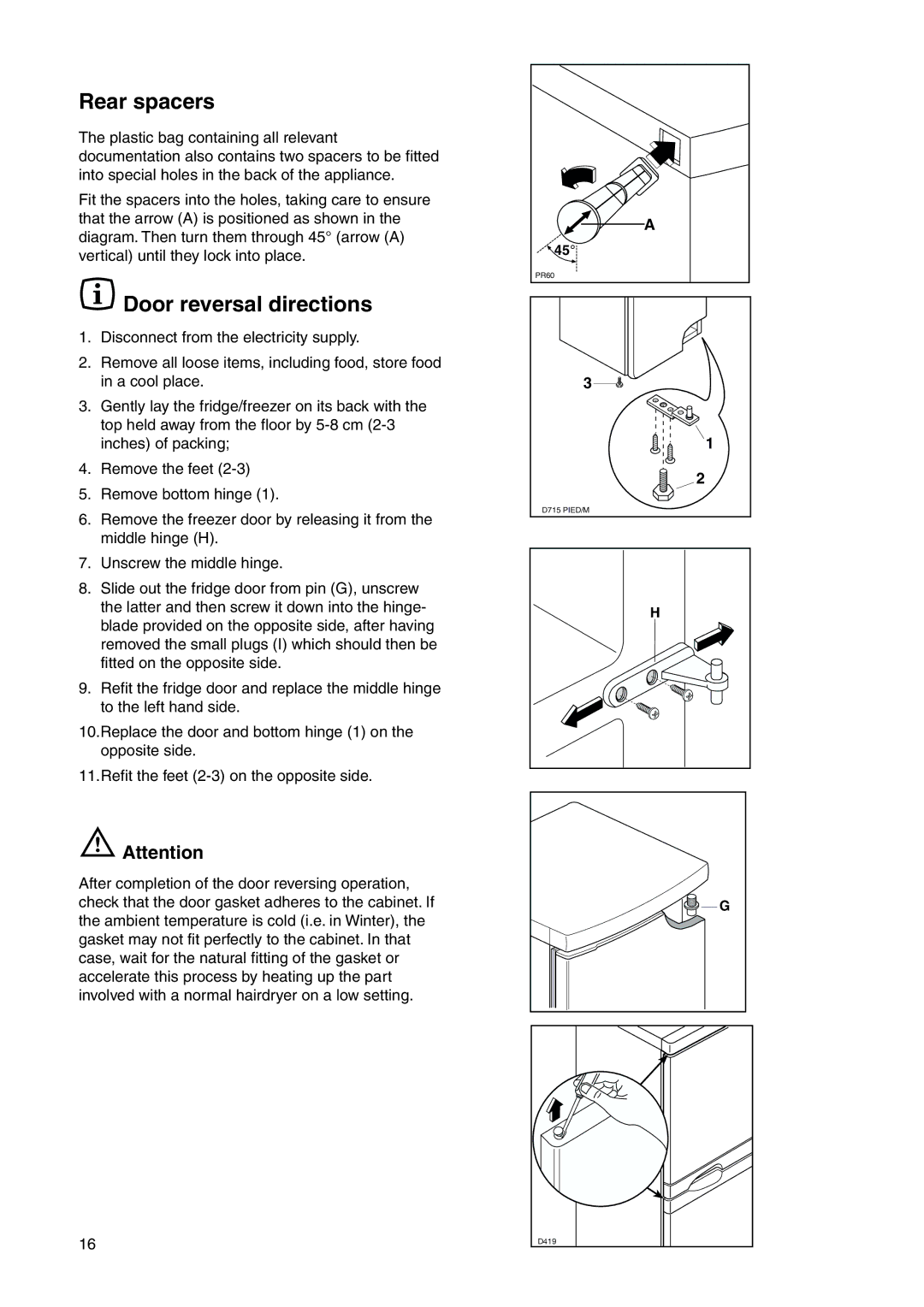 Zanussi ZRB 2825 W user manual Rear spacers, Door reversal directions 