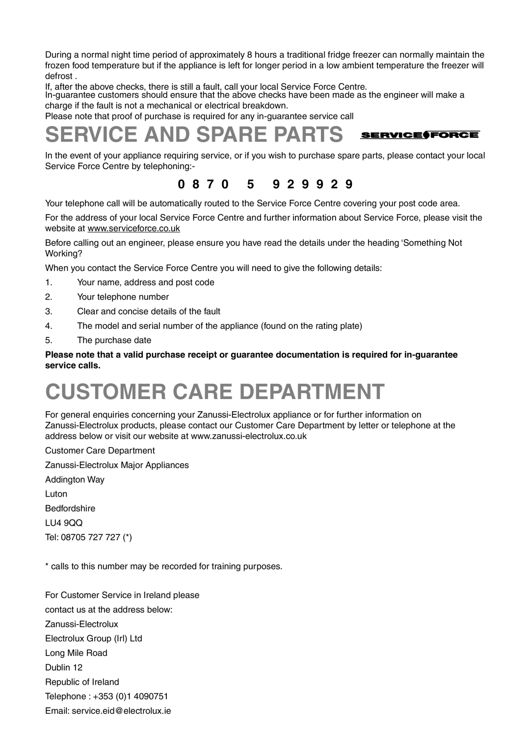 Zanussi ZRB 2825 W user manual Service And Spare Parts, Customer Care Department, 0 8 7, 9 2 9 9 2 