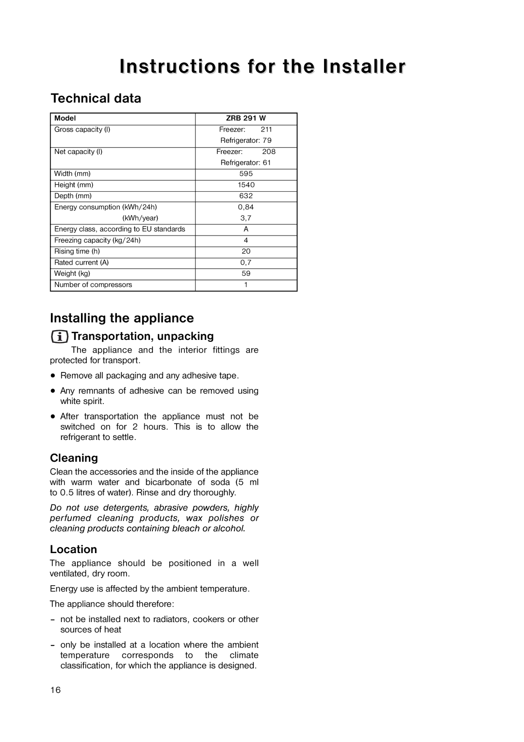 Zanussi ZRB 291 W manual Instructions for the Installer, Technical data, Installing the appliance 