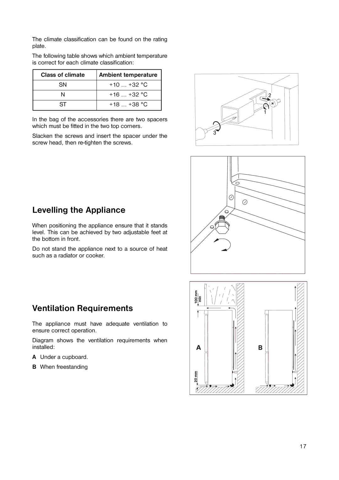 Zanussi ZRB 291 W manual Levelling the Appliance, Ventilation Requirements, Class of climate 