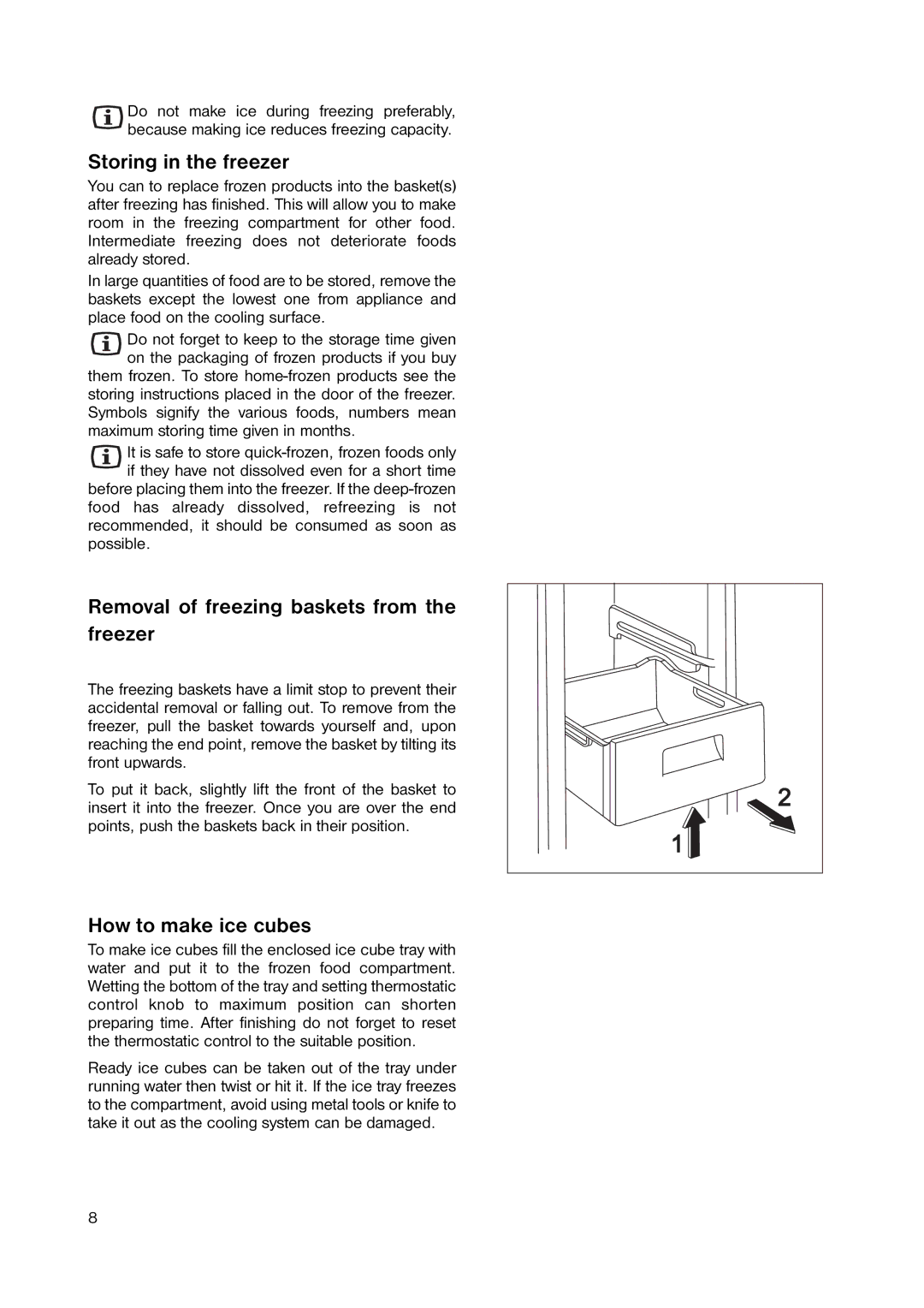 Zanussi ZRB 291 W manual Storing in the freezer, Removal of freezing baskets from the freezer, How to make ice cubes 