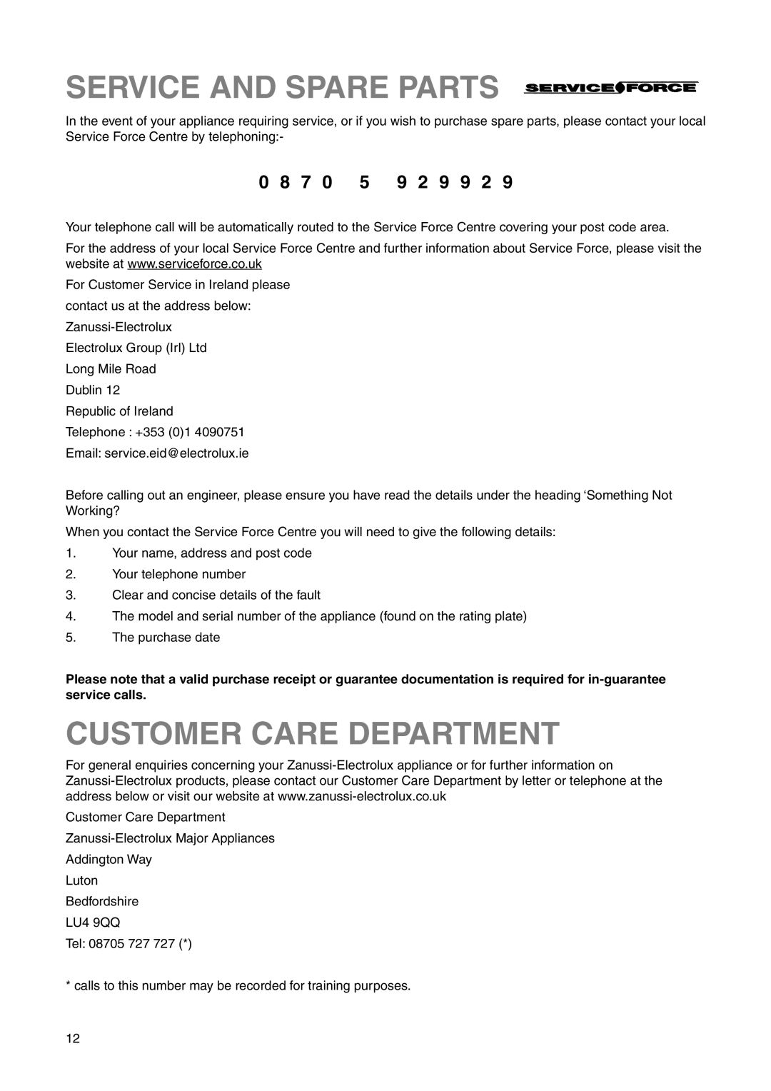 Zanussi ZRB 2925 S manual Service and Spare Parts, Customer Care Department, 9 9 2 