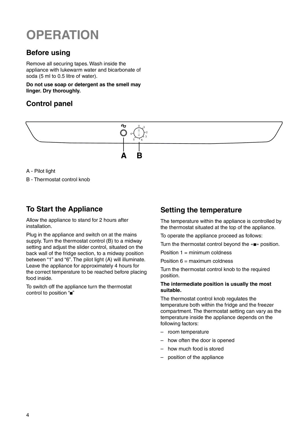 Zanussi ZRB 2925 S manual Operation, Before using, Control panel, To Start the Appliance, Setting the temperature 