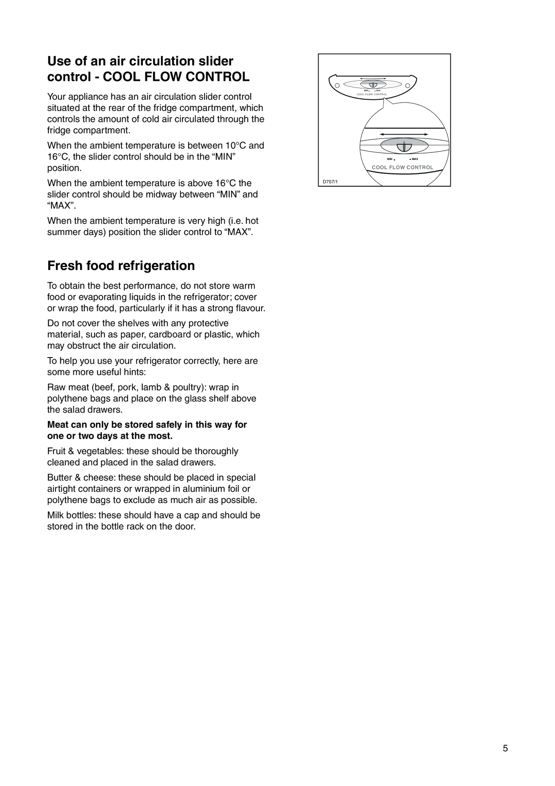 Zanussi ZRB 2925 S manual Fresh food refrigeration, Use of an air circulation slider control Cool Flow Control 