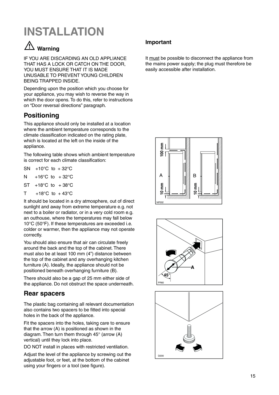 Zanussi ZRB 2925 S manual Installation, Positioning, Rear spacers 