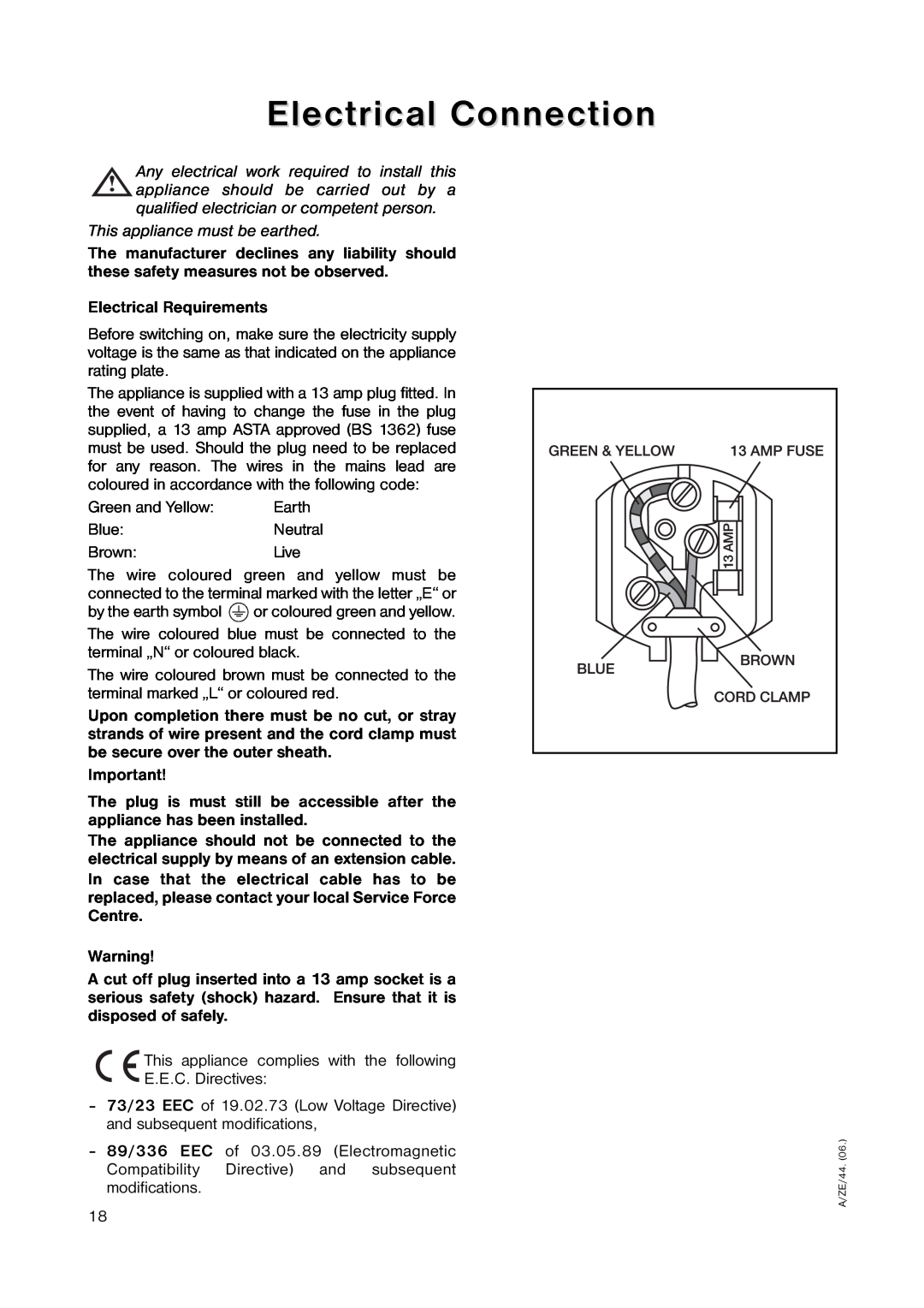 Zanussi ZRB 2941 manual Electrical Connection, This appliance must be earthed 