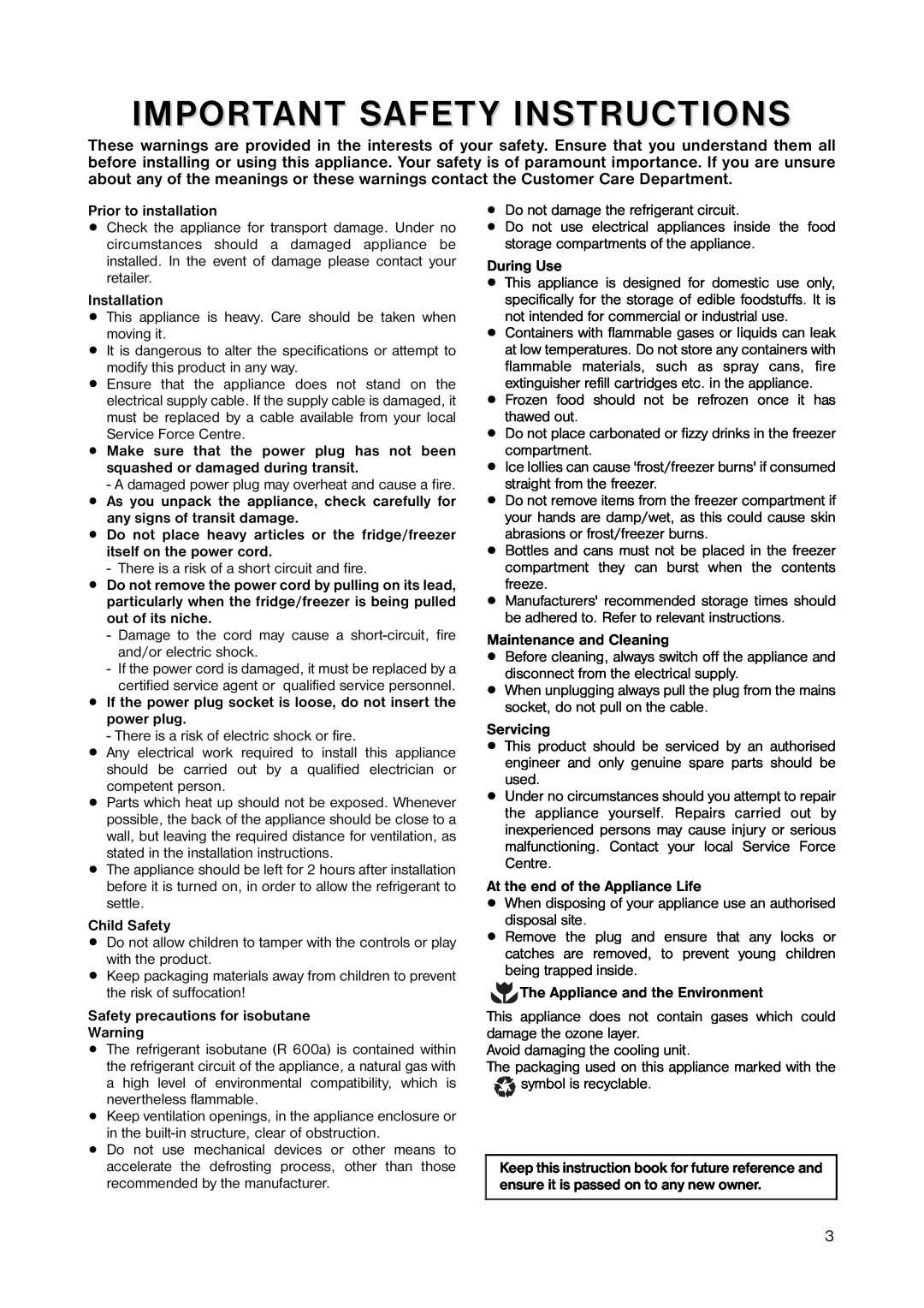 Zanussi ZRB 2941 manual Important Safety Instructions 