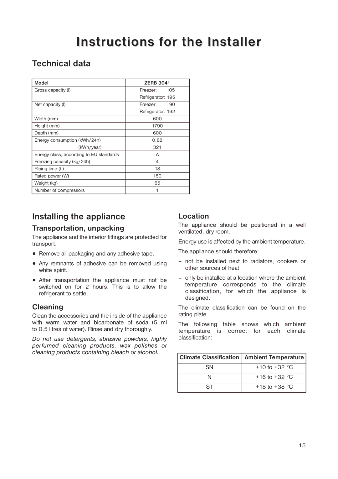 Zanussi ZRB 3041 manual Instructions for the Installer, Technical data, Installing the appliance 