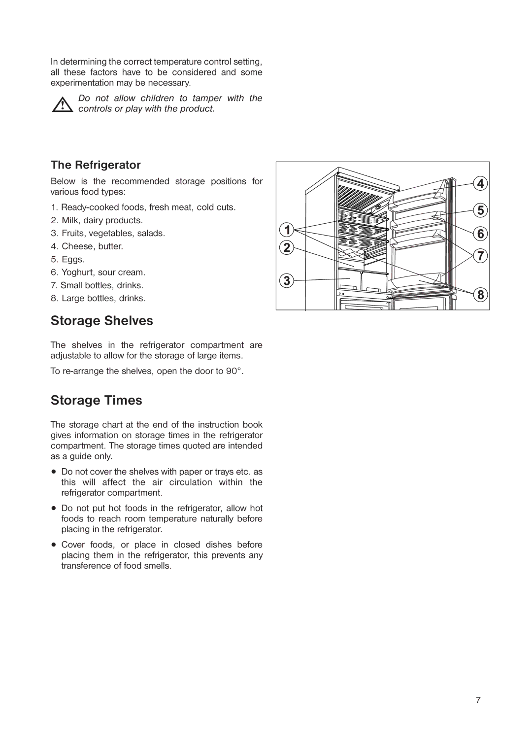 Zanussi ZRB 3041 manual Storage Shelves, Storage Times 