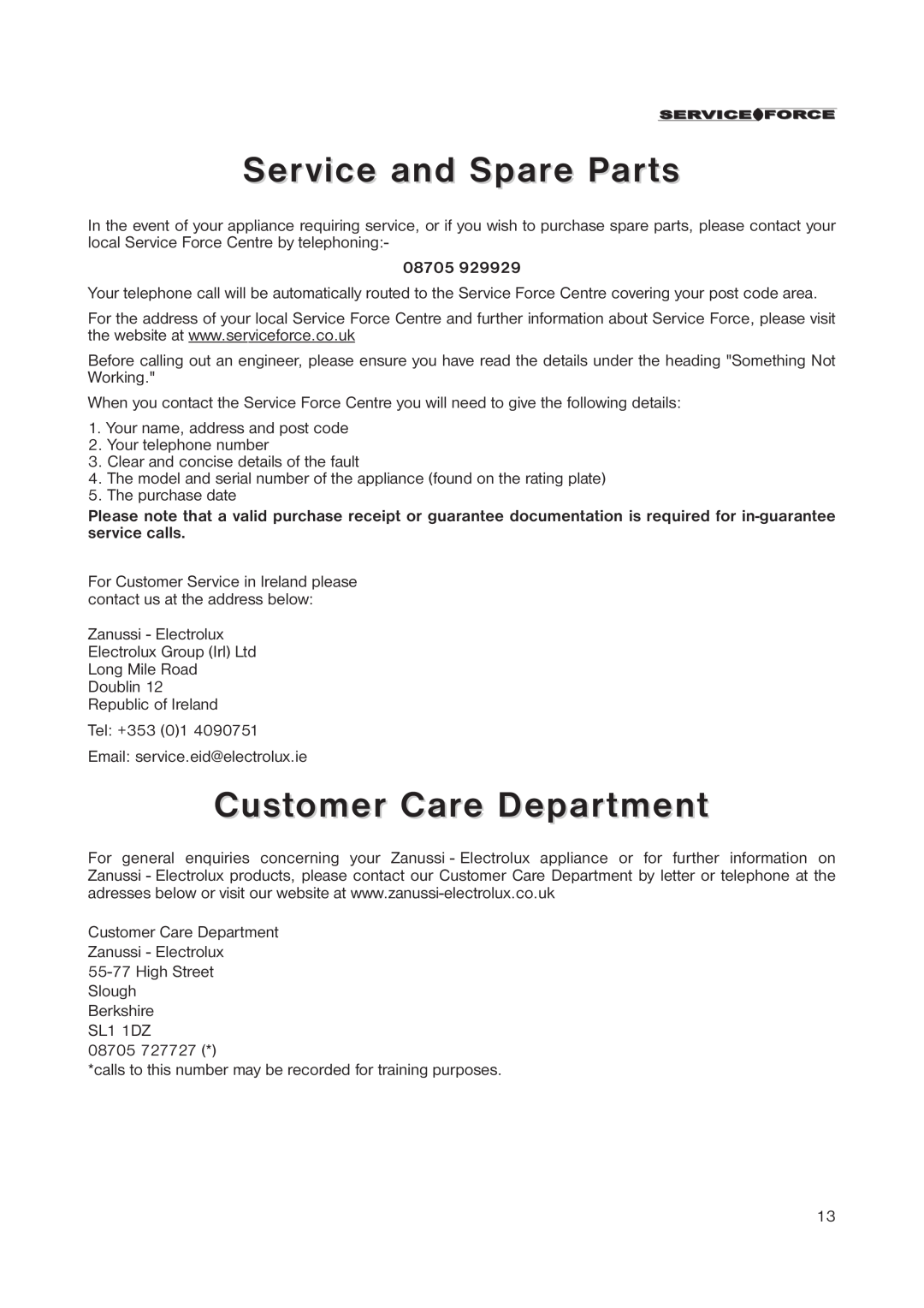 Zanussi ZRB 3041 manual Service and Spare Parts, Customer Care Department, 08705 