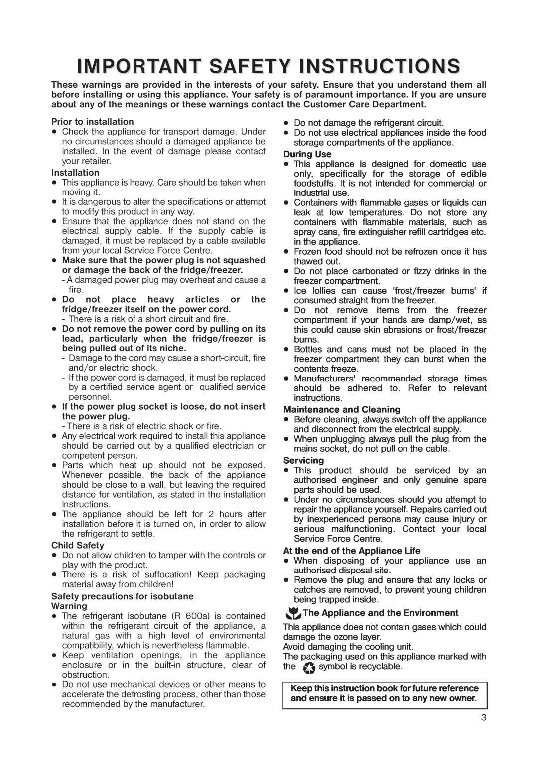 Zanussi ZRB 3041 manual Important Safety Instructions 