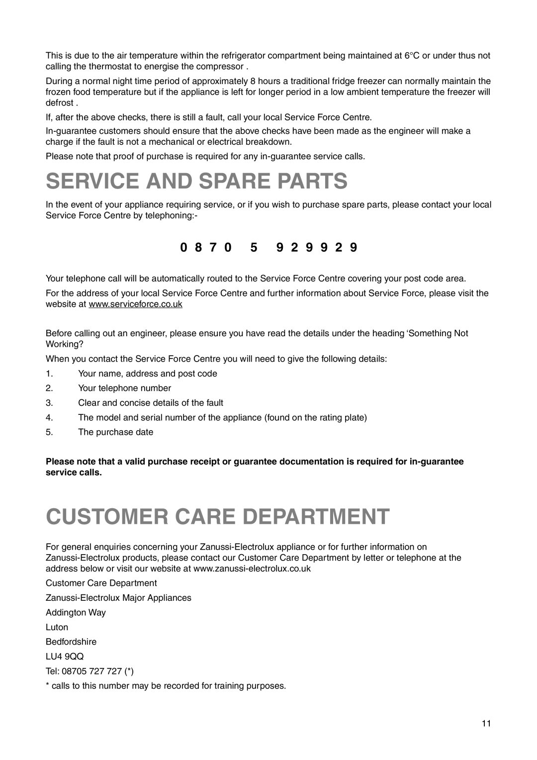 Zanussi ZRB 3225 X user manual Service and Spare Parts, Customer Care Department, 9 9 2 