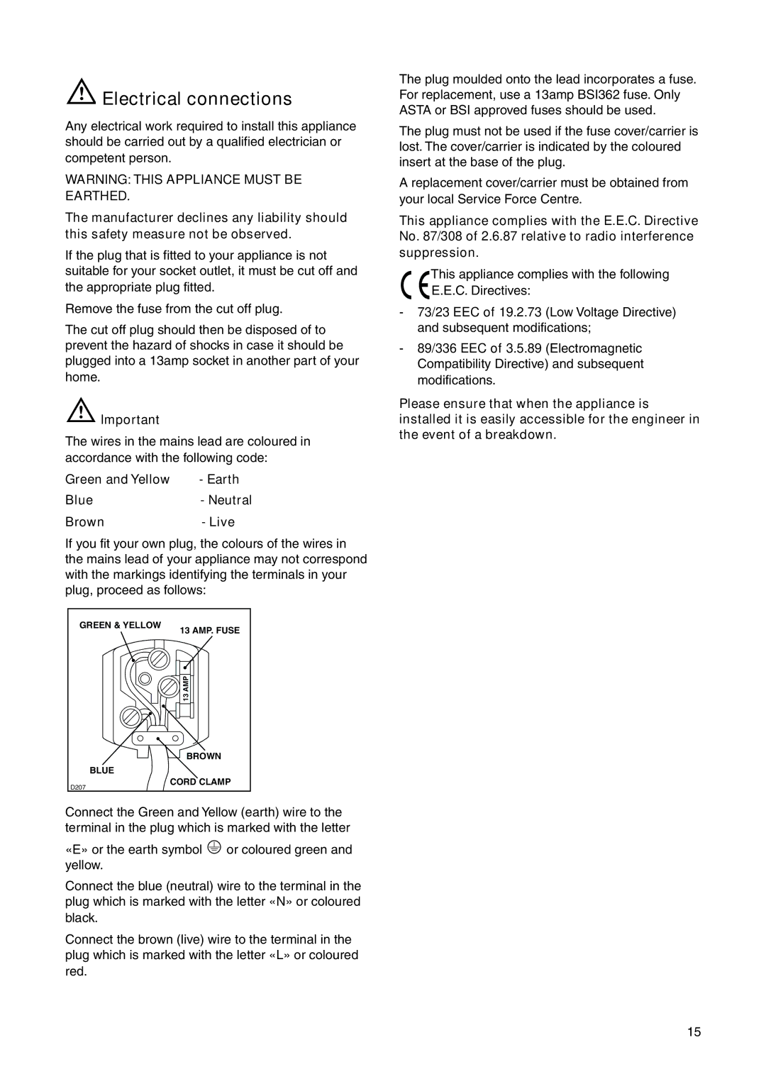 Zanussi ZRB 3225 X user manual Electrical connections, Green and Yellow Earth Blue- Neutral Brown- Live 