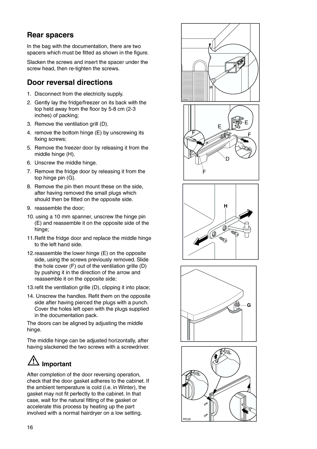 Zanussi ZRB 3225 X user manual Rear spacers, Door reversal directions 