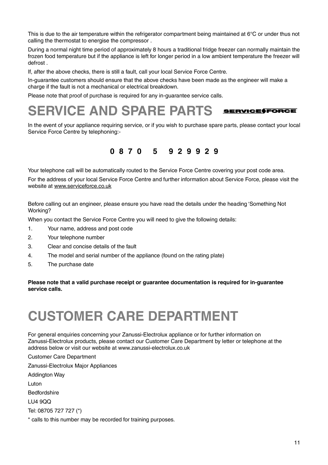 Zanussi ZRB 3225 X user manual Service And Spare Parts, Customer Care Department, 9 2 