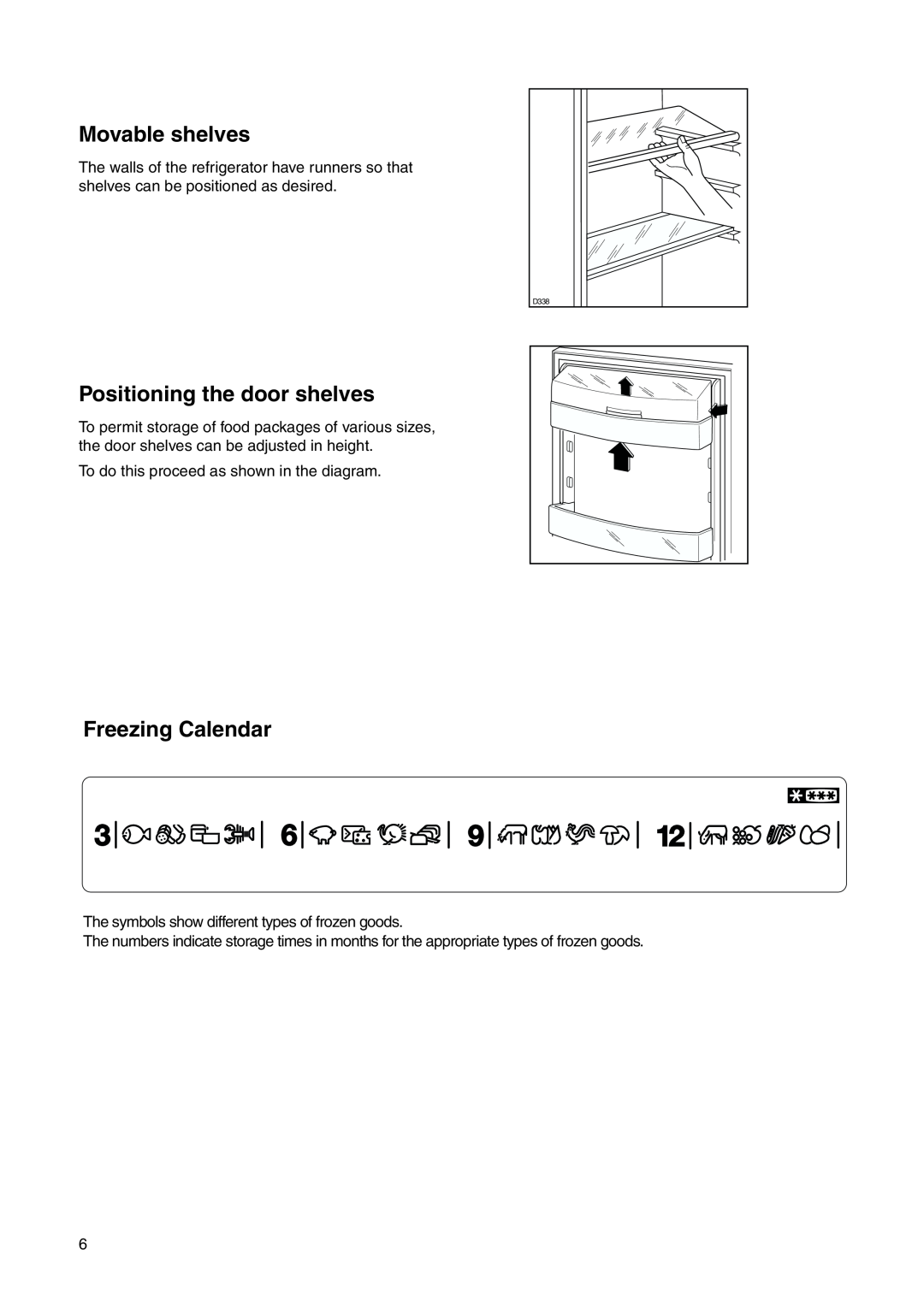 Zanussi ZRB 3225 X user manual Movable shelves, Positioning the door shelves, Freezing Calendar 