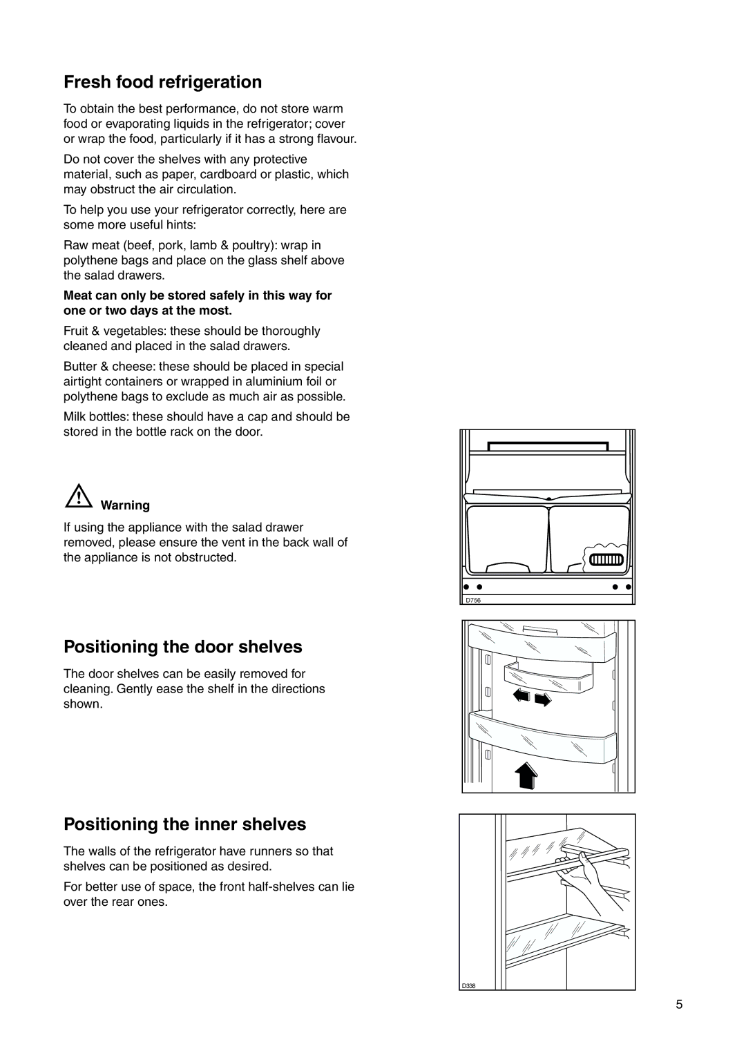 Zanussi ZRB 7725 W manual Fresh food refrigeration, Positioning the door shelves, Positioning the inner shelves 