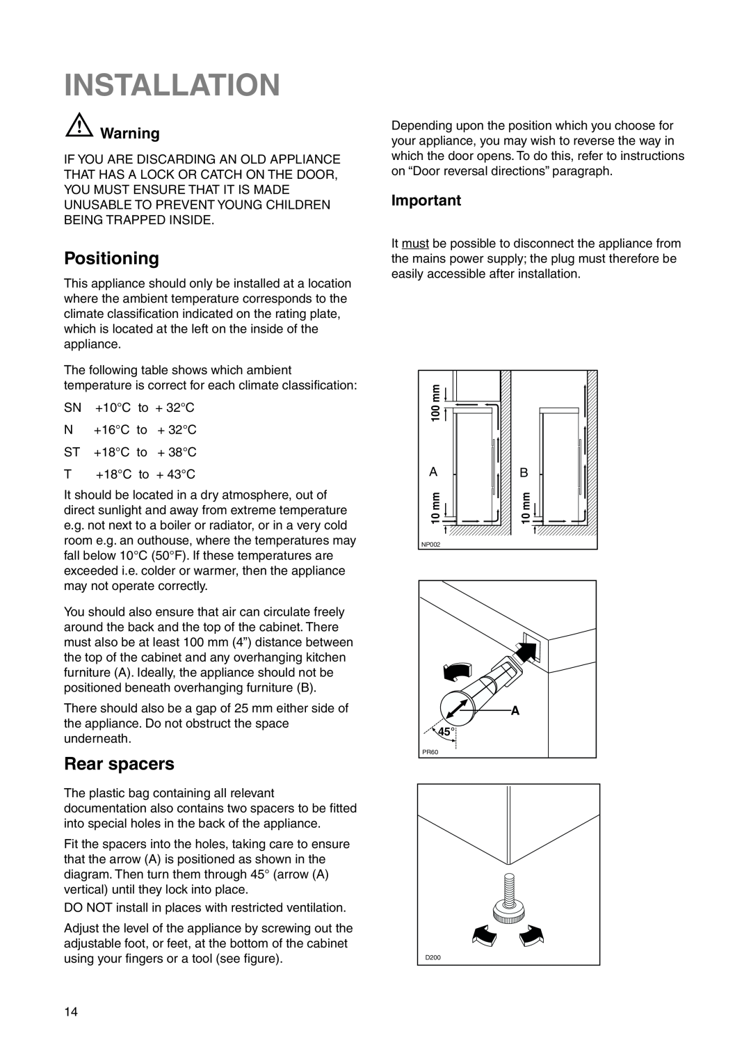 Zanussi ZRB 7725 W manual Installation, Positioning, Rear spacers 