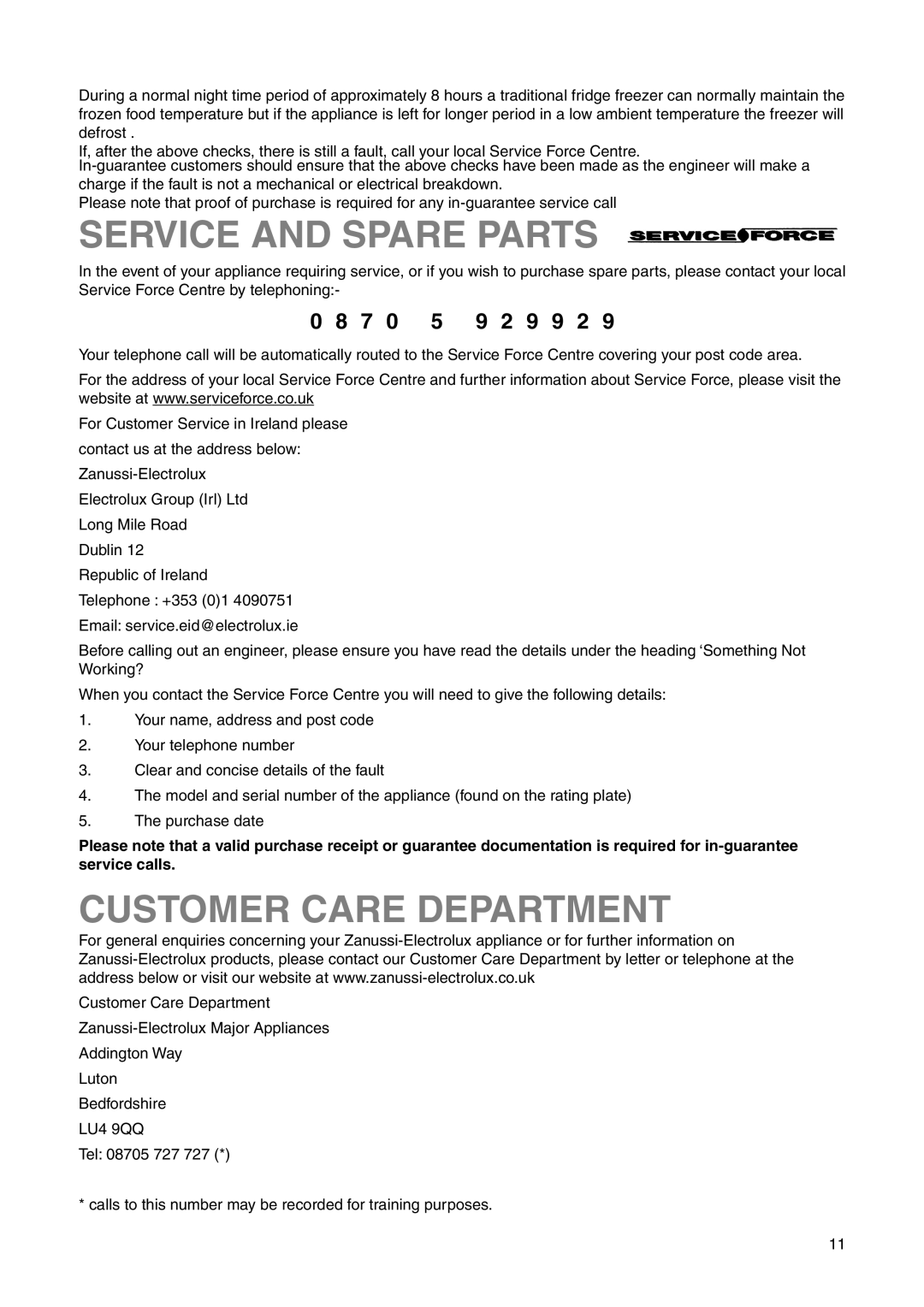 Zanussi ZRB 7825 W user manual Service and Spare Parts, Customer Care Department, 9 9 2 