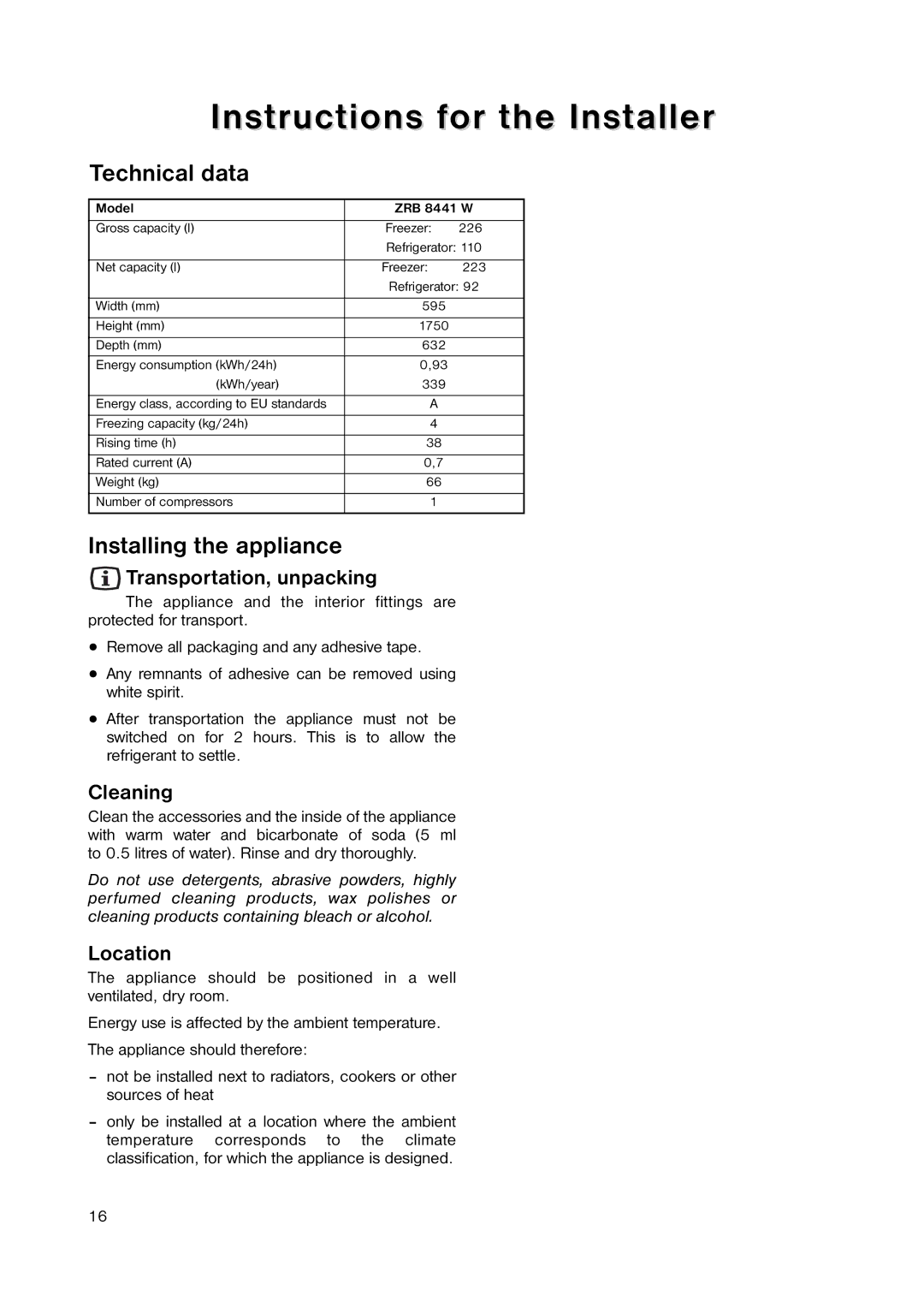 Zanussi ZRB 8441 W manual Instructions for the Installer, Technical data, Installing the appliance 