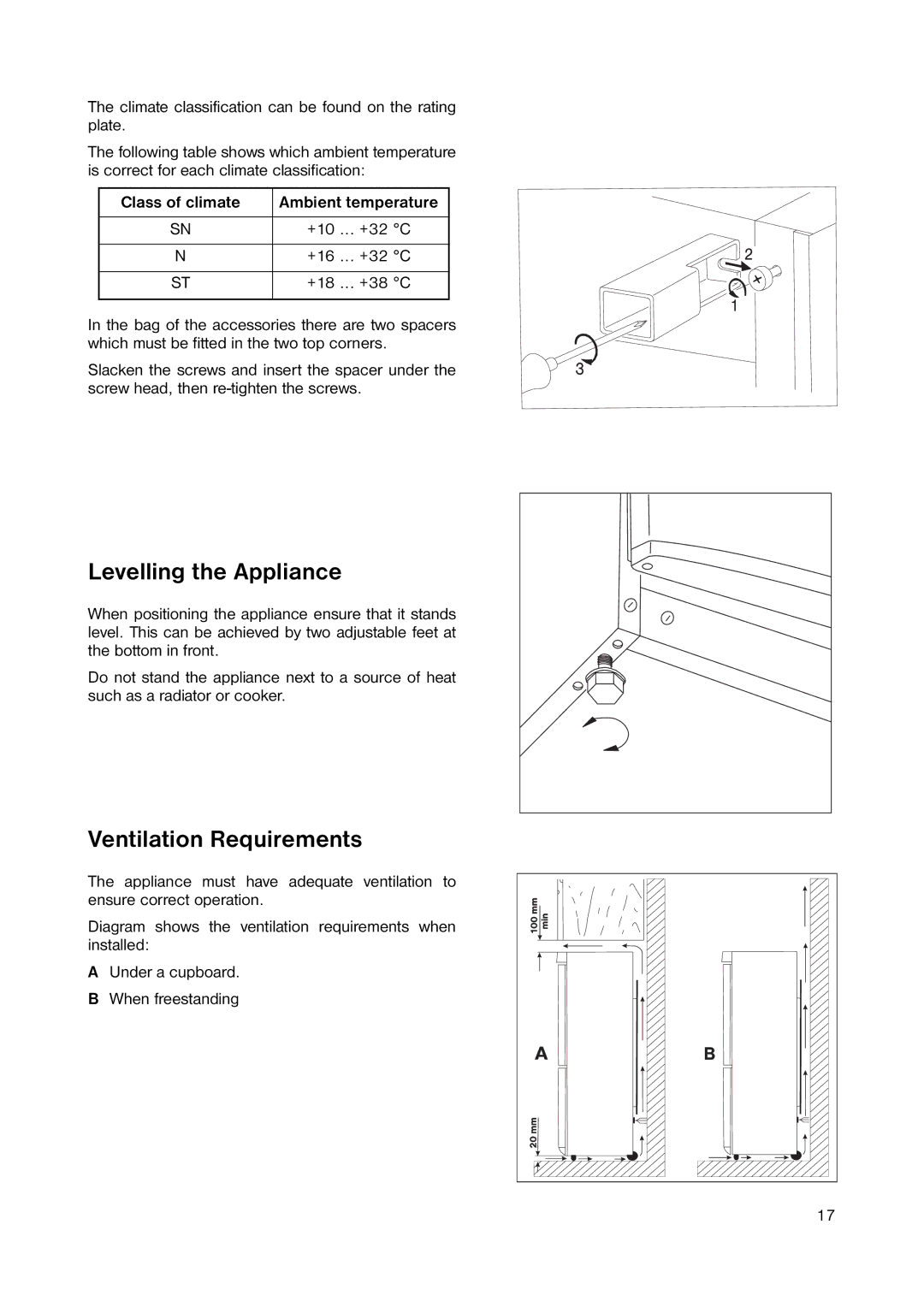 Zanussi ZRB 8441 W manual Levelling the Appliance, Ventilation Requirements, Class of climate 