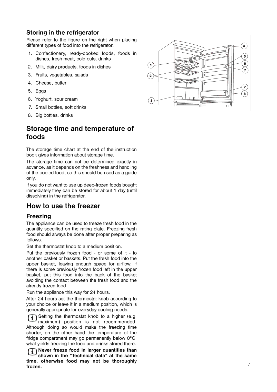 Zanussi ZRB 8441 W Storage time and temperature of foods, How to use the freezer, Storing in the refrigerator, Freezing 