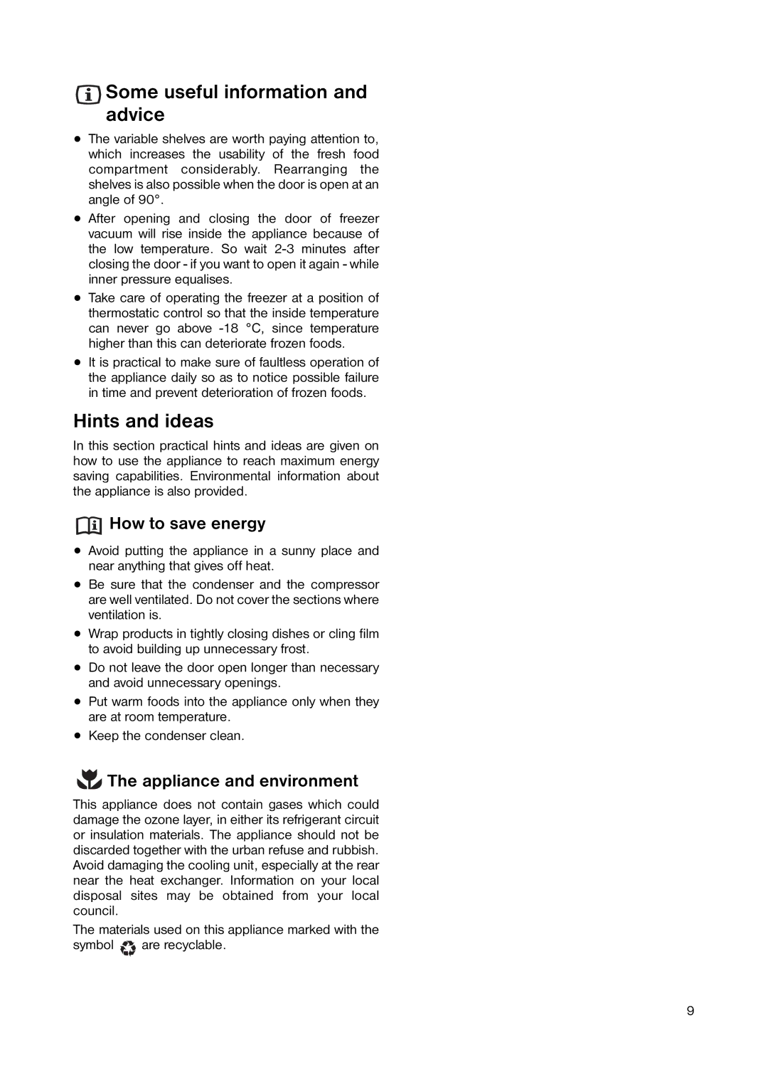 Zanussi ZRB 8441 W Some useful information and advice, Hints and ideas, How to save energy, Appliance and environment 