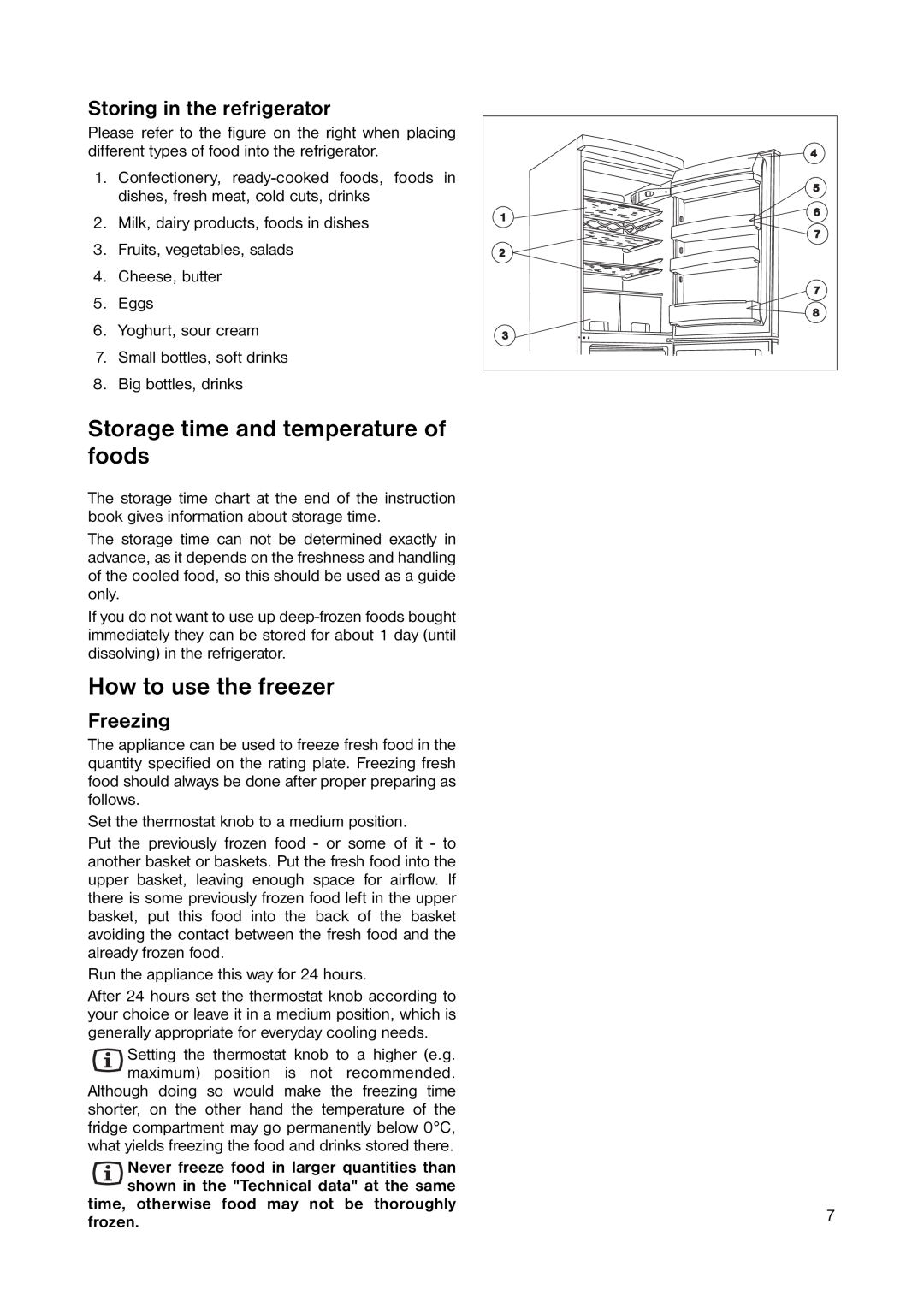 Zanussi ZRB 8441 W Storage time and temperature of foods, How to use the freezer, Storing in the refrigerator, Freezing 