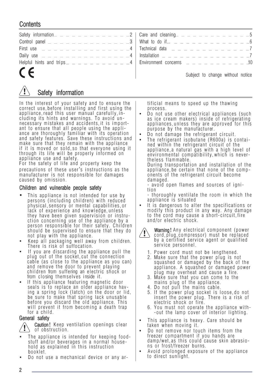 Zanussi ZRB227XO, ZRB227WO user manual Contents, Safety information 