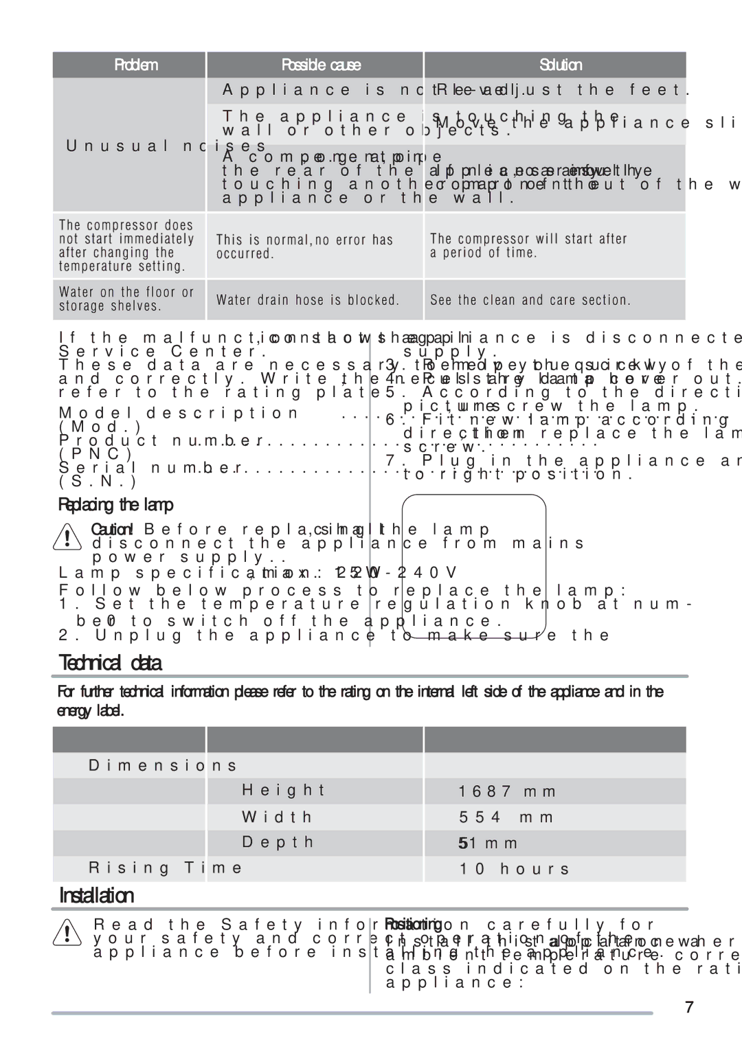 Zanussi ZRB227WO, ZRB227XO user manual Technical data, Installation, Replacing the lamp, Problem, Possible cause 