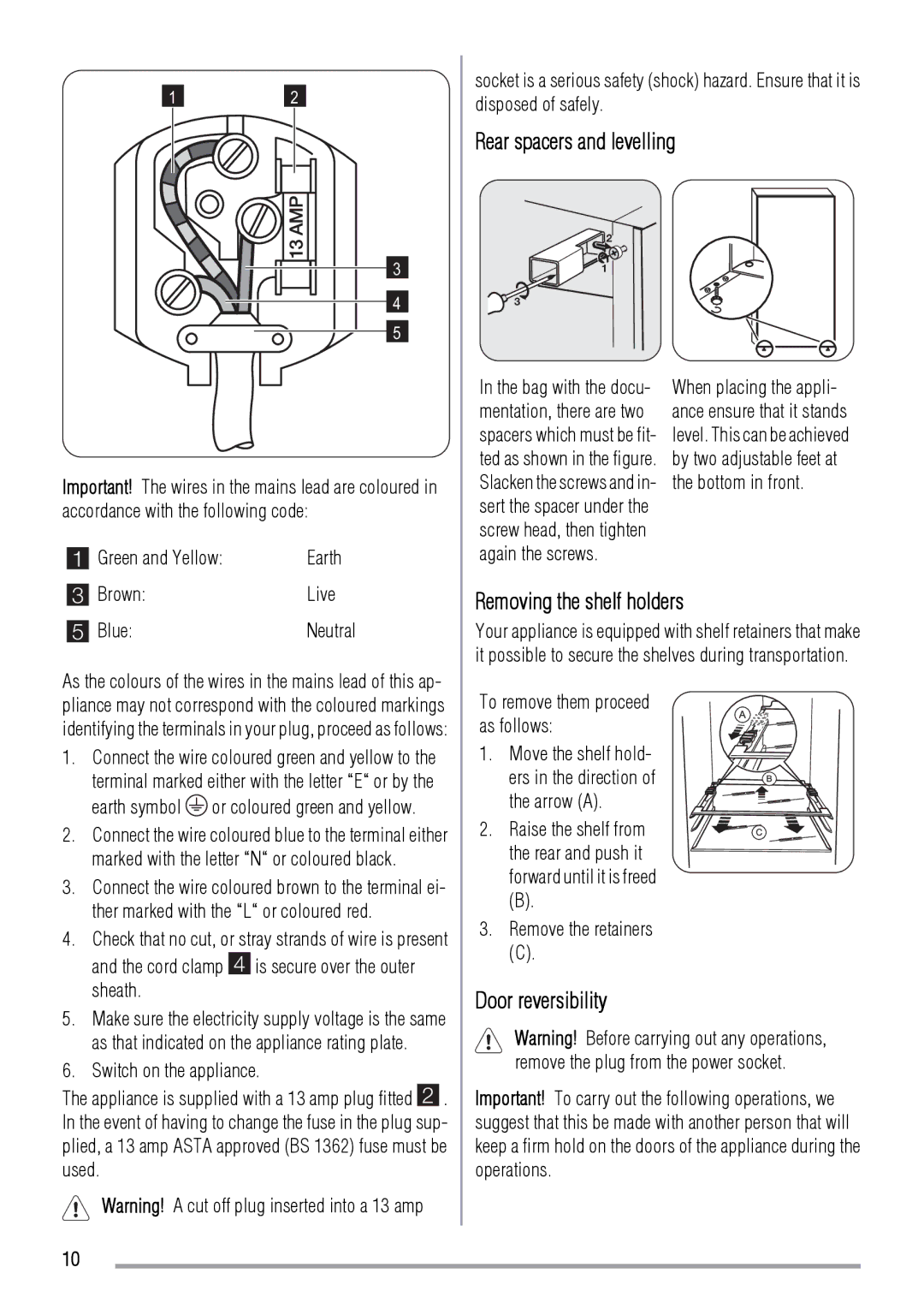 Zanussi ZRB632FS, ZRB634FS user manual Rear spacers and levelling, Removing the shelf holders, Door reversibility 