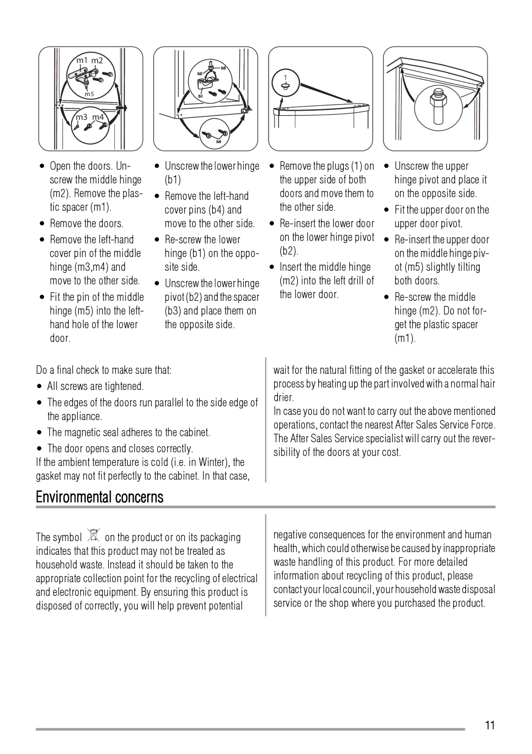 Zanussi ZRB634FS, ZRB632FS user manual Environmental concerns, Remove the doors, Unscrew the lower hinge b1 