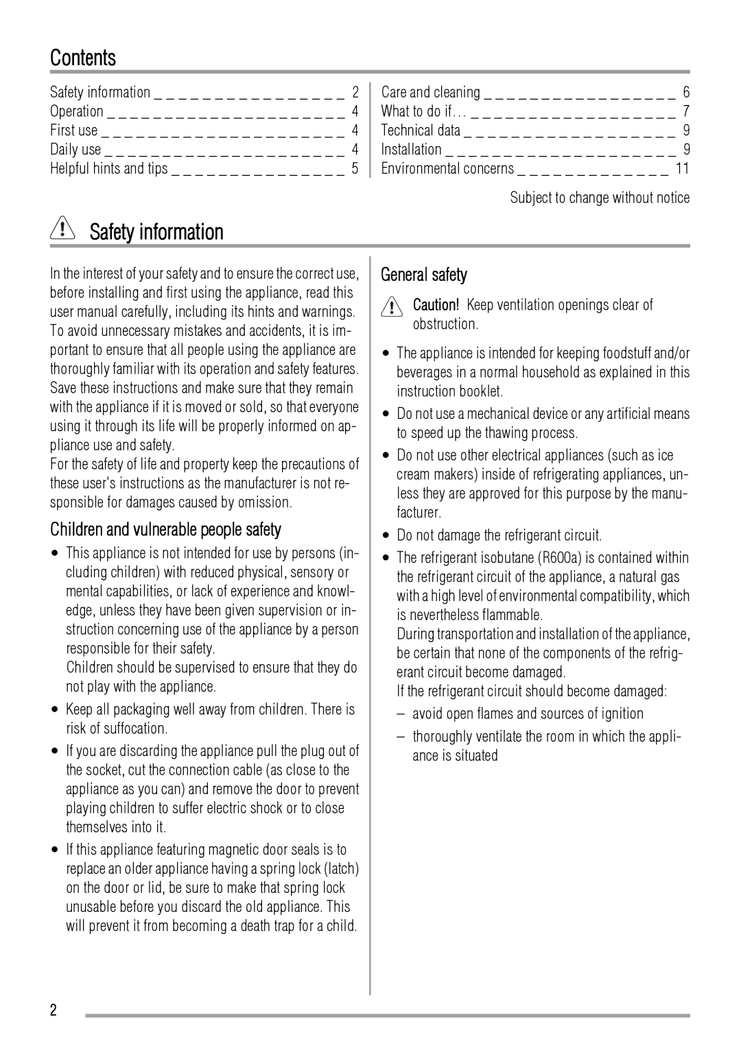 Zanussi ZRB632FS, ZRB634FS user manual Contents, Safety information 