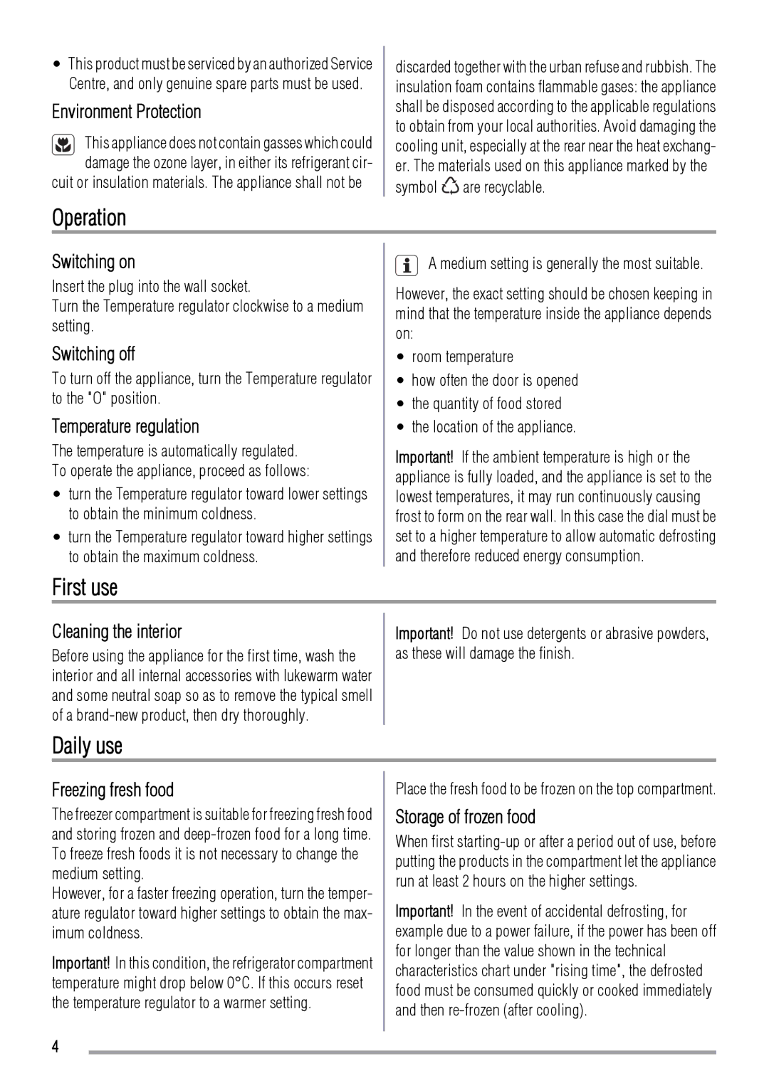 Zanussi ZRB632FS, ZRB634FS user manual Operation, First use, Daily use 