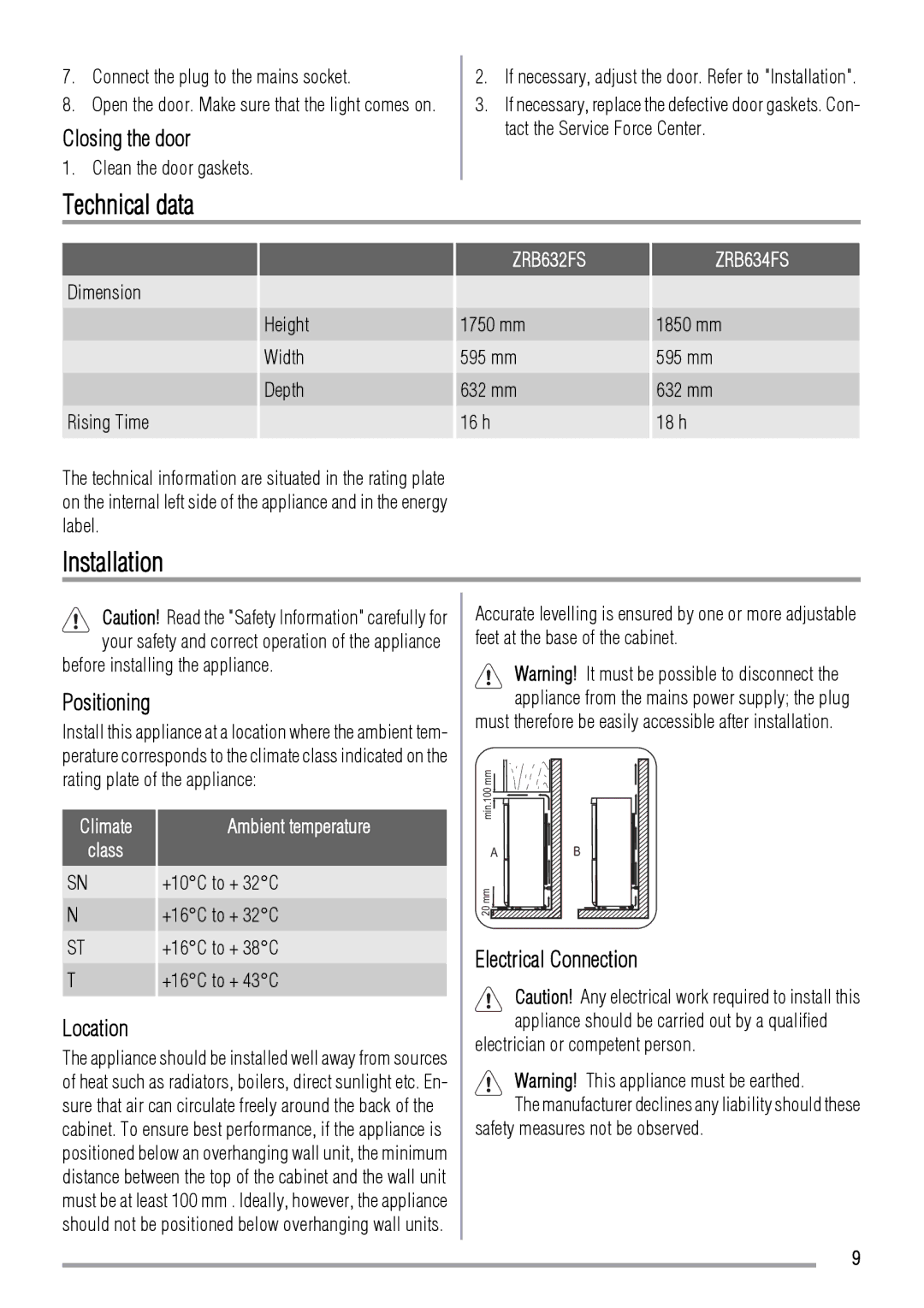 Zanussi ZRB634FS, ZRB632FS user manual Technical data, Installation 