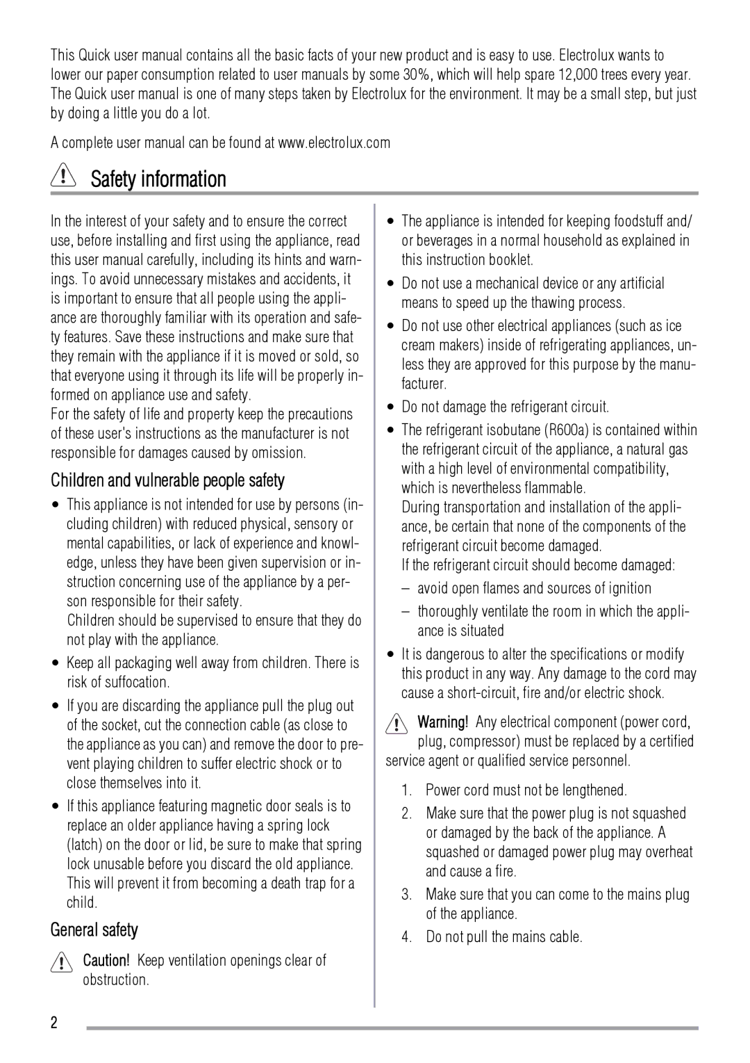 Zanussi ZRB632FW, ZRB634FW user manual Safety information, Children and vulnerable people safety, General safety 