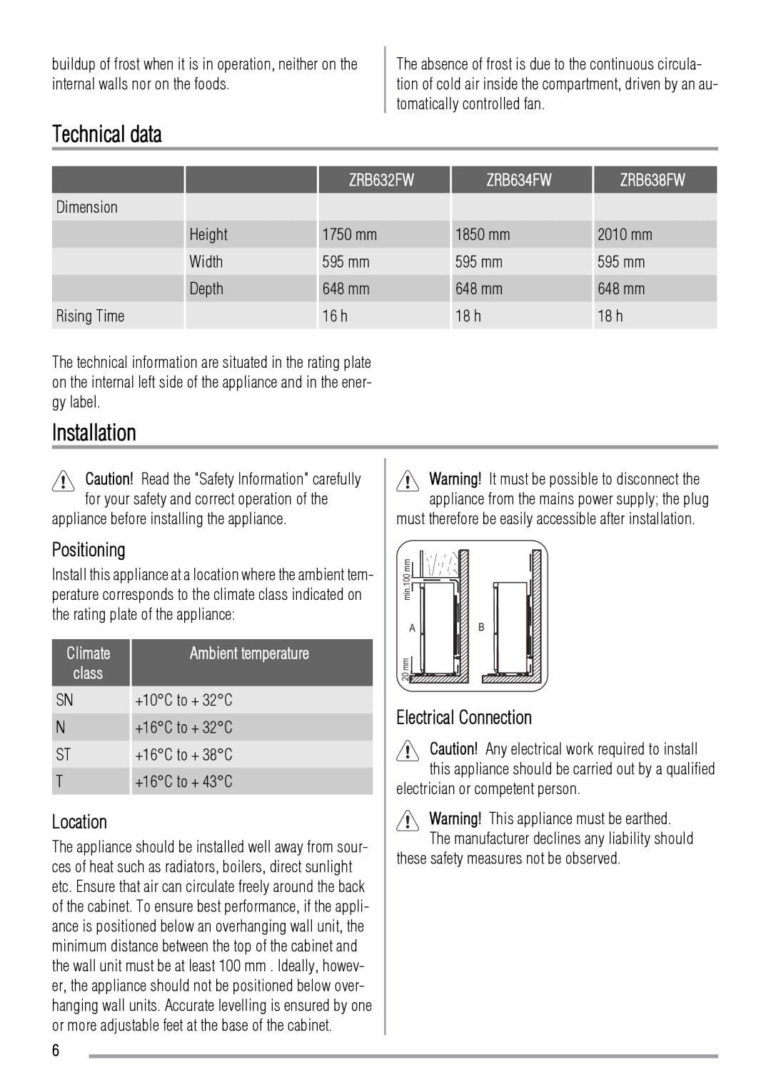 Zanussi ZRB632FW, ZRB634FW user manual Technical data, Installation, Positioning, Location, Electrical Connection 